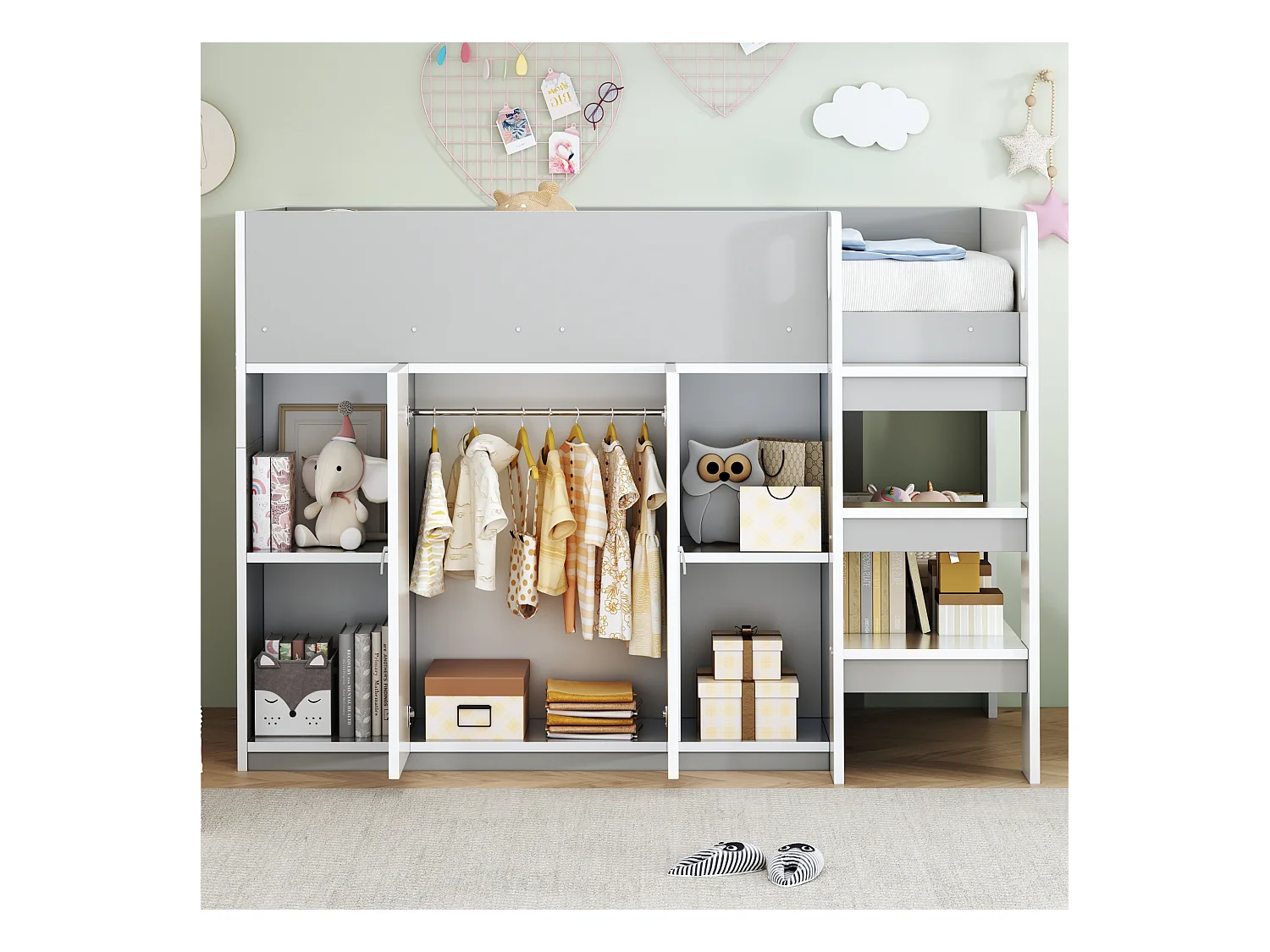 Łóżko piętrowe dla dzieci - 90 x 200 - z 2 drzwiami - z szafą + półki - drewno + MDF - szare