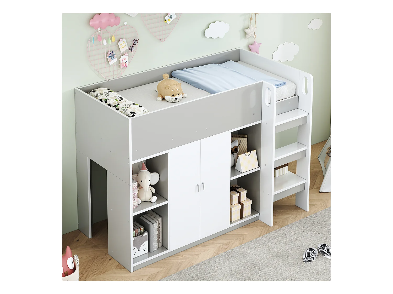 Lit mezzanine enfant - 90 x 200 - rangements avec 2 portes - avec armoire + étagères - bois + MDF - gris