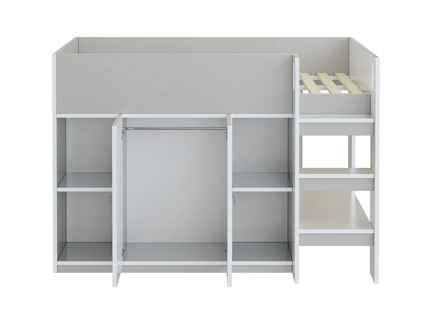 Lit mezzanine enfant - 90 x 200 - rangements avec 2 portes - avec armoire + étagères - bois + MDF - gris