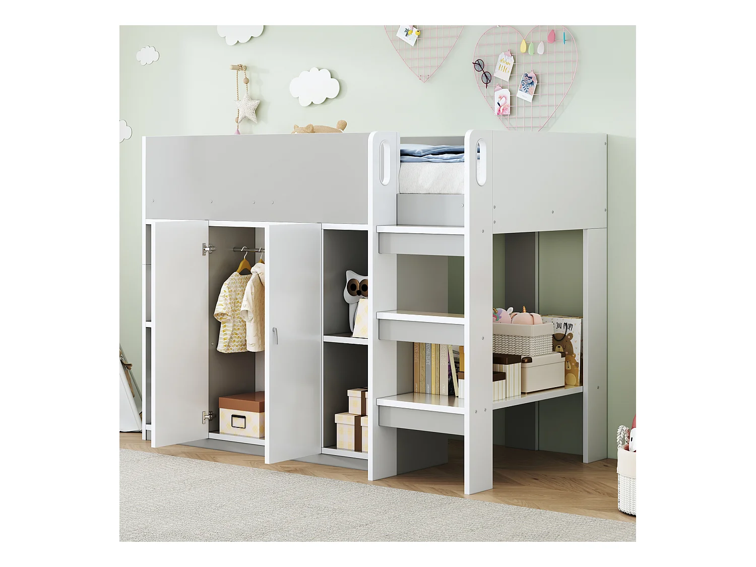 Lit mezzanine enfant - 90 x 200 - rangements avec 2 portes - avec armoire + étagères - bois + MDF - gris