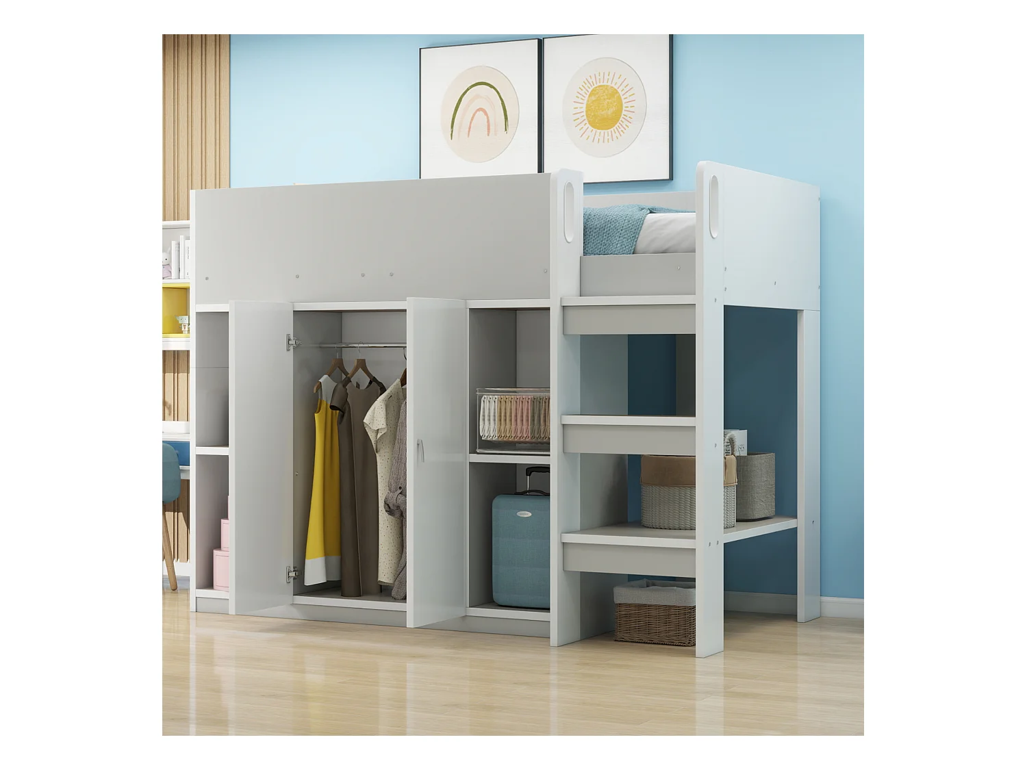 Lit mezzanine enfant - 90 x 200 - rangements avec 2 portes - avec armoire + étagères - bois + MDF - gris