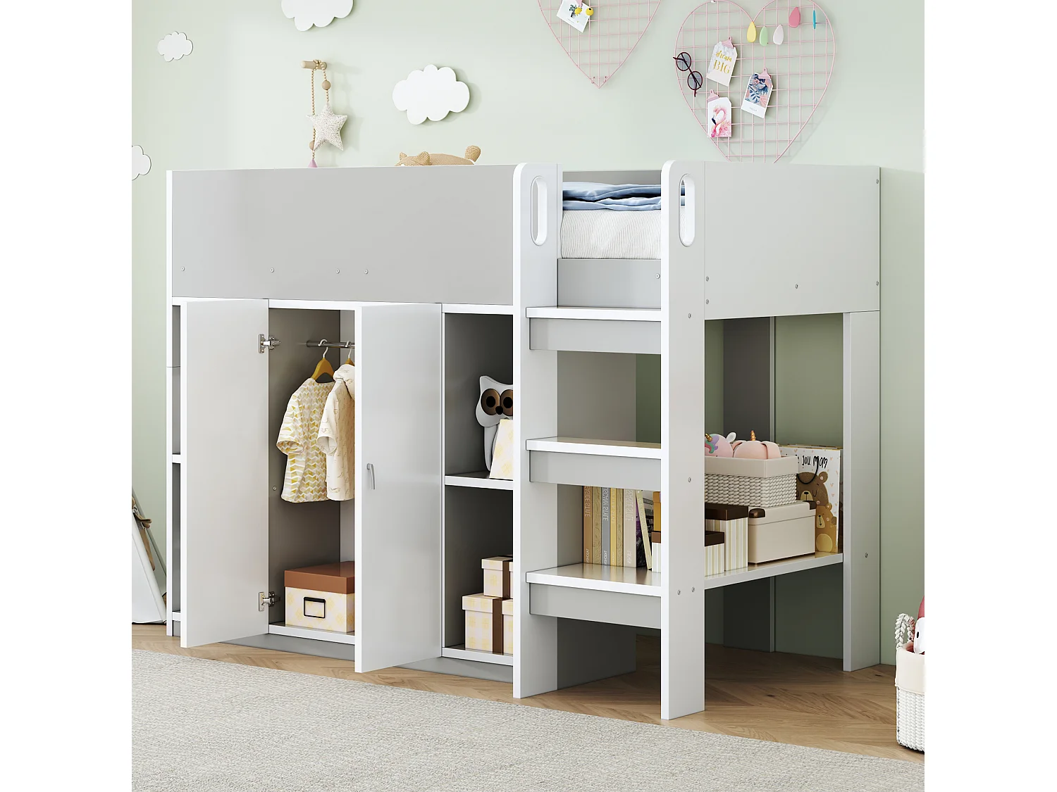 Lit mezzanine enfant - 90 x 200 - rangements avec 2 portes - avec armoire + étagères - bois + MDF - gris