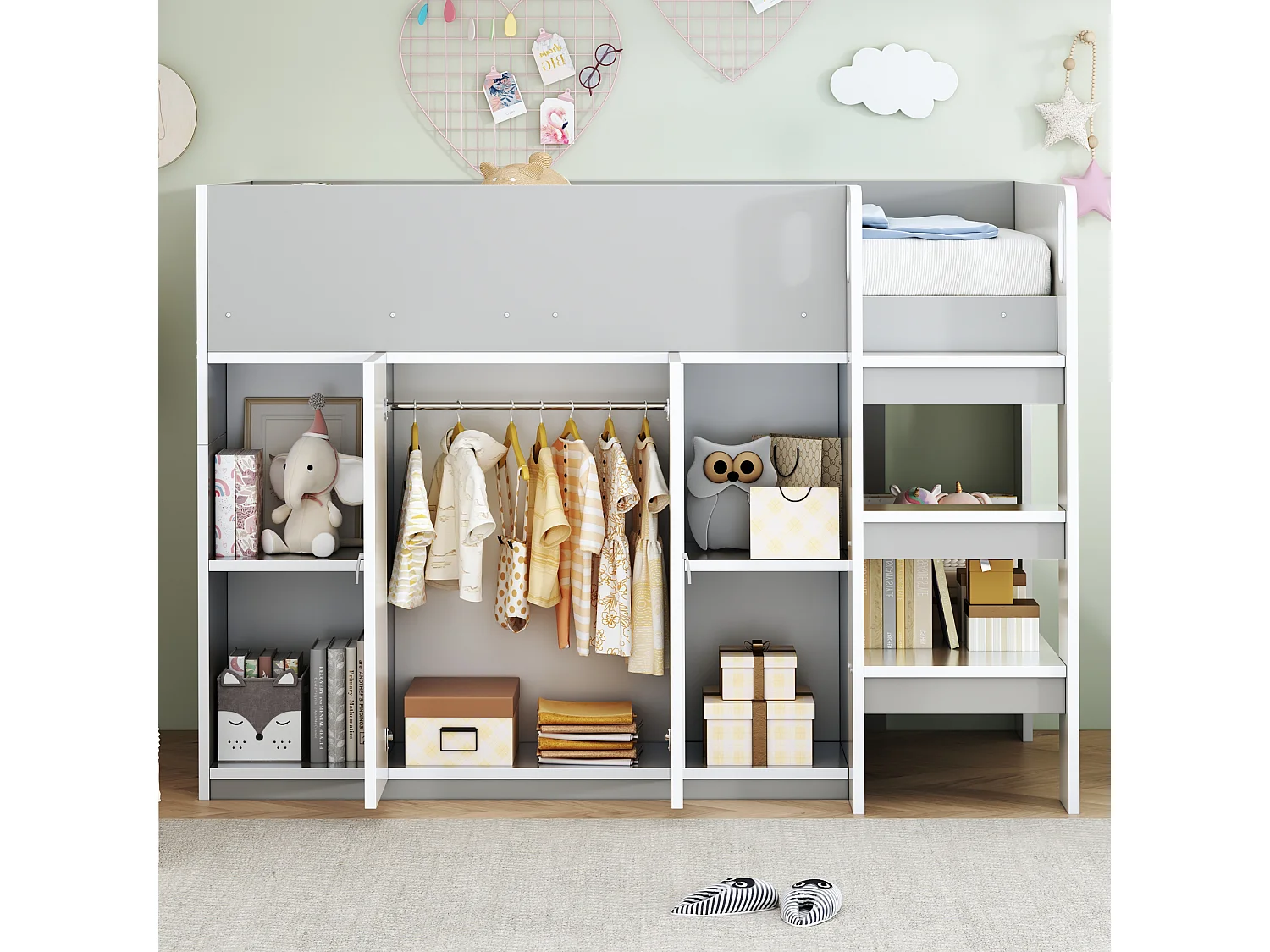 Lit mezzanine enfant - 90 x 200 - rangements avec 2 portes - avec armoire + étagères - bois + MDF - gris