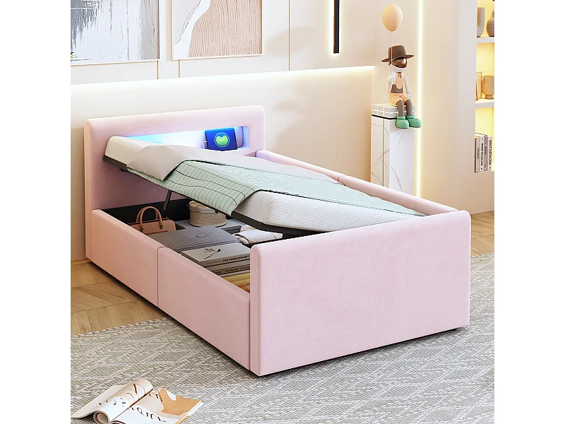 Tapicerowane łóżko dziecięce z pojemnikiem - 90 x 200 cm - z diodami LED + USB - zagłówek z półką - welur + płyta MDF - różowe