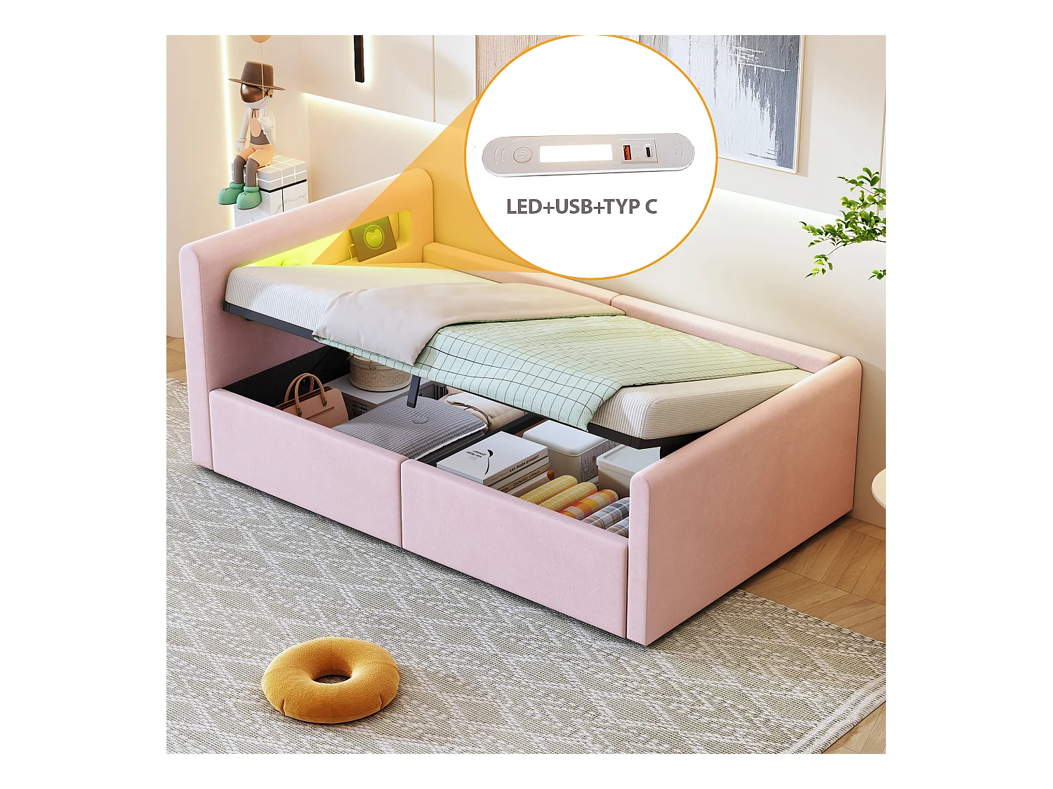 Lit coffre enfant rembourré - 90 x 200 cm - avec Leds + USB - tête de lit avec étagère - velours + MDF - rose