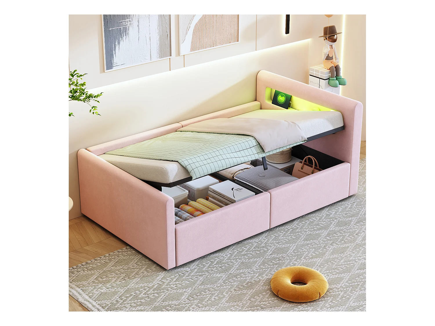 Lit coffre enfant rembourré - 90 x 200 cm - avec Leds + USB - tête de lit avec étagère - velours + MDF - rose