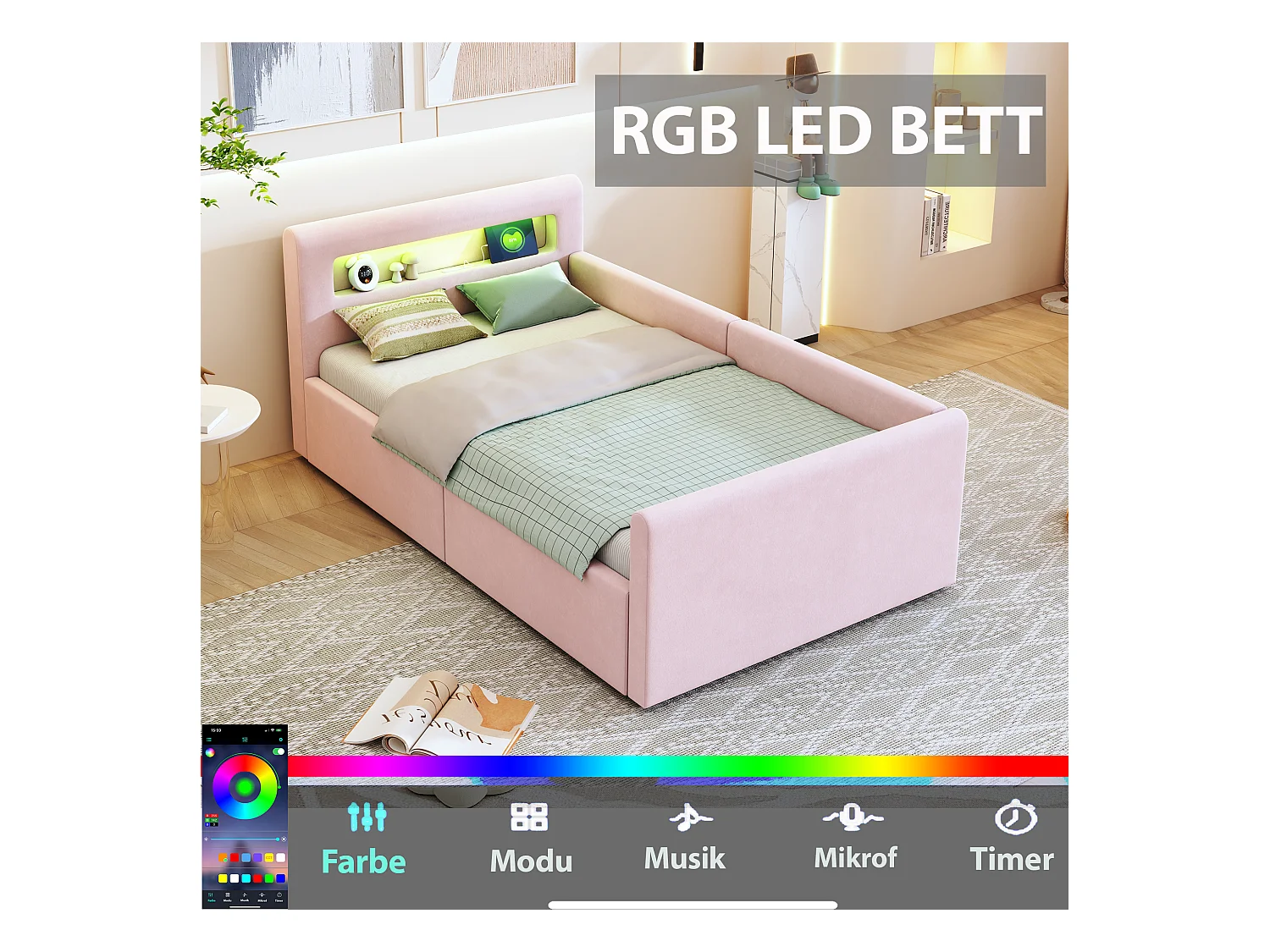 Lit coffre enfant rembourré - 90 x 200 cm - avec Leds + USB - tête de lit avec étagère - velours + MDF - rose