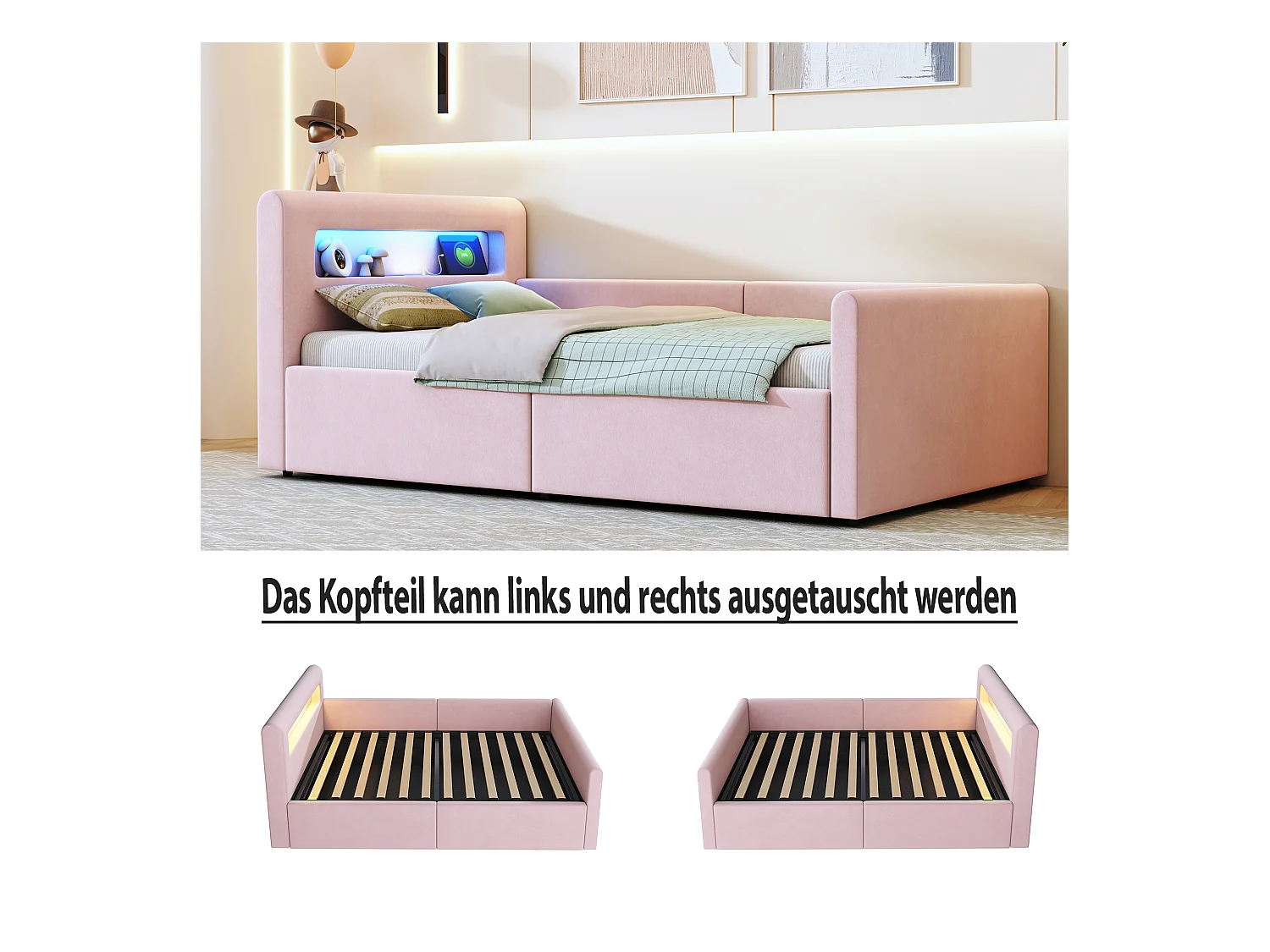 Lit coffre enfant rembourré - 90 x 200 cm - avec Leds + USB - tête de lit avec étagère - velours + MDF - rose