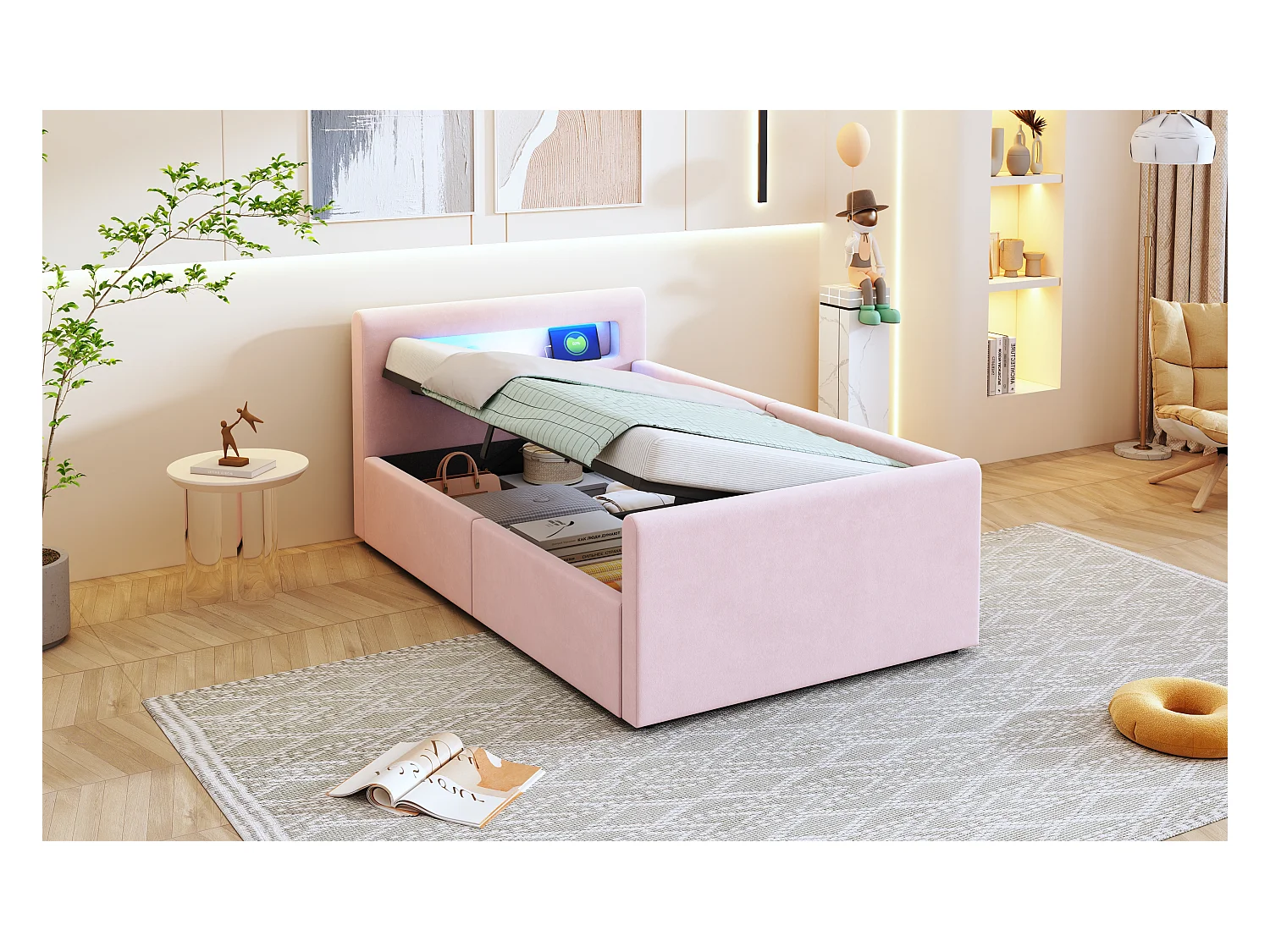 Lit coffre enfant rembourré - 90 x 200 cm - avec Leds + USB - tête de lit avec étagère - velours + MDF - rose