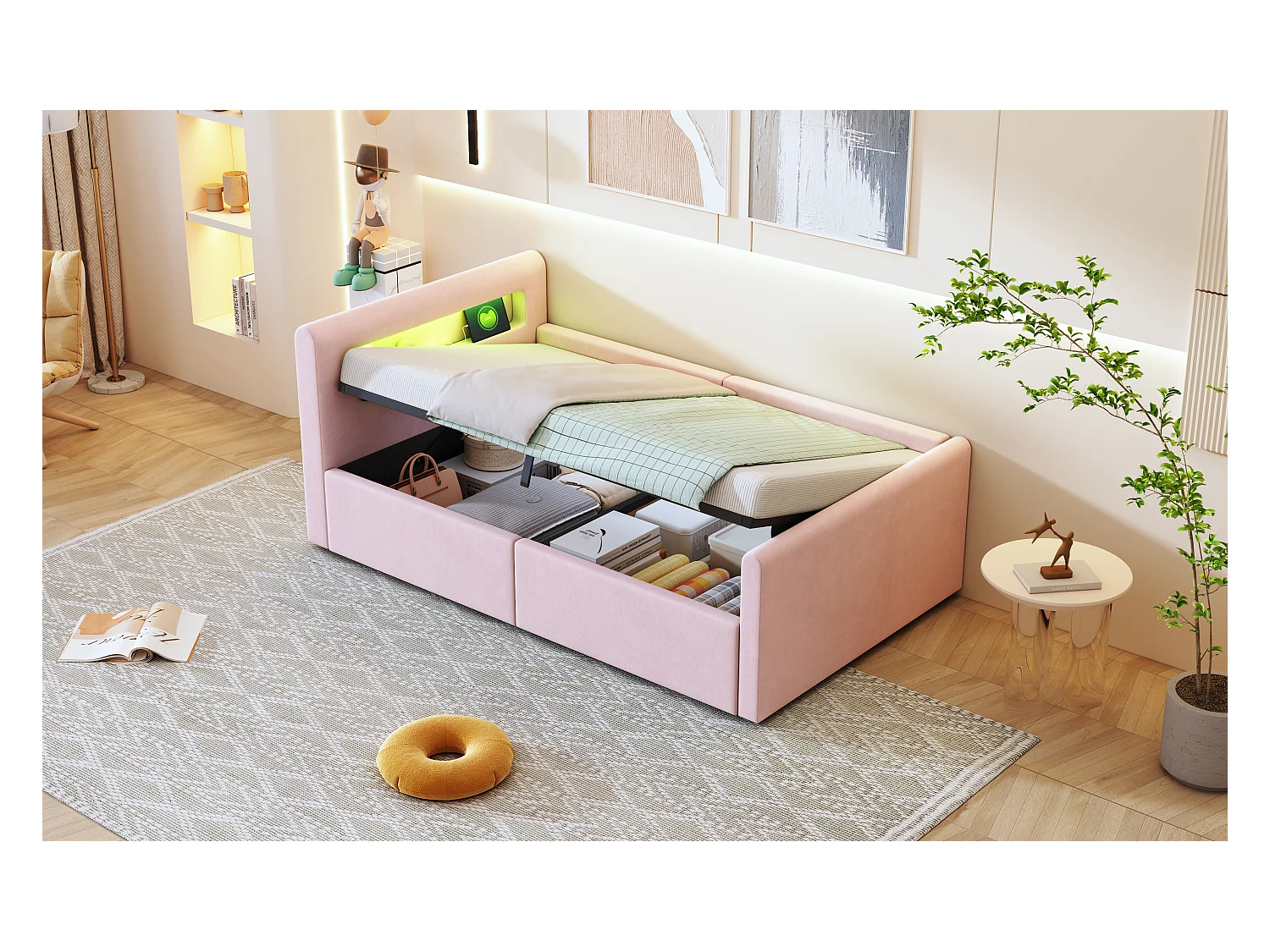 Lit coffre enfant rembourré - 90 x 200 cm - avec Leds + USB - tête de lit avec étagère - velours + MDF - rose