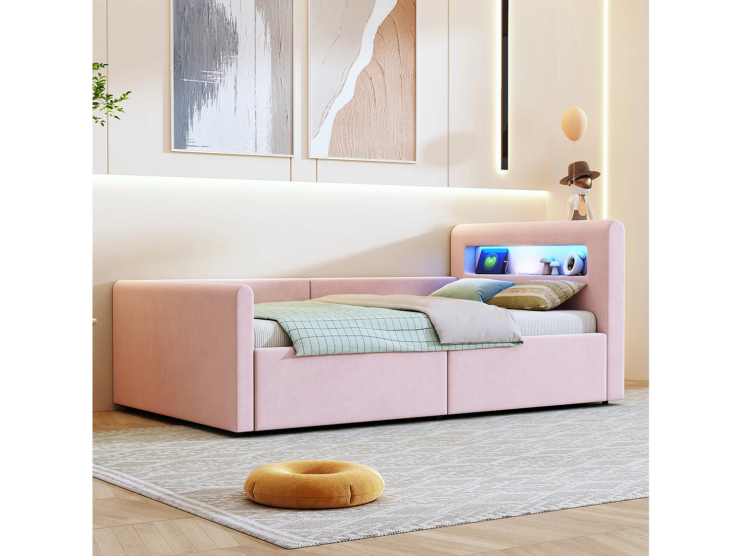 Lit coffre enfant rembourré - 90 x 200 cm - avec Leds + USB - tête de lit avec étagère - velours + MDF - rose