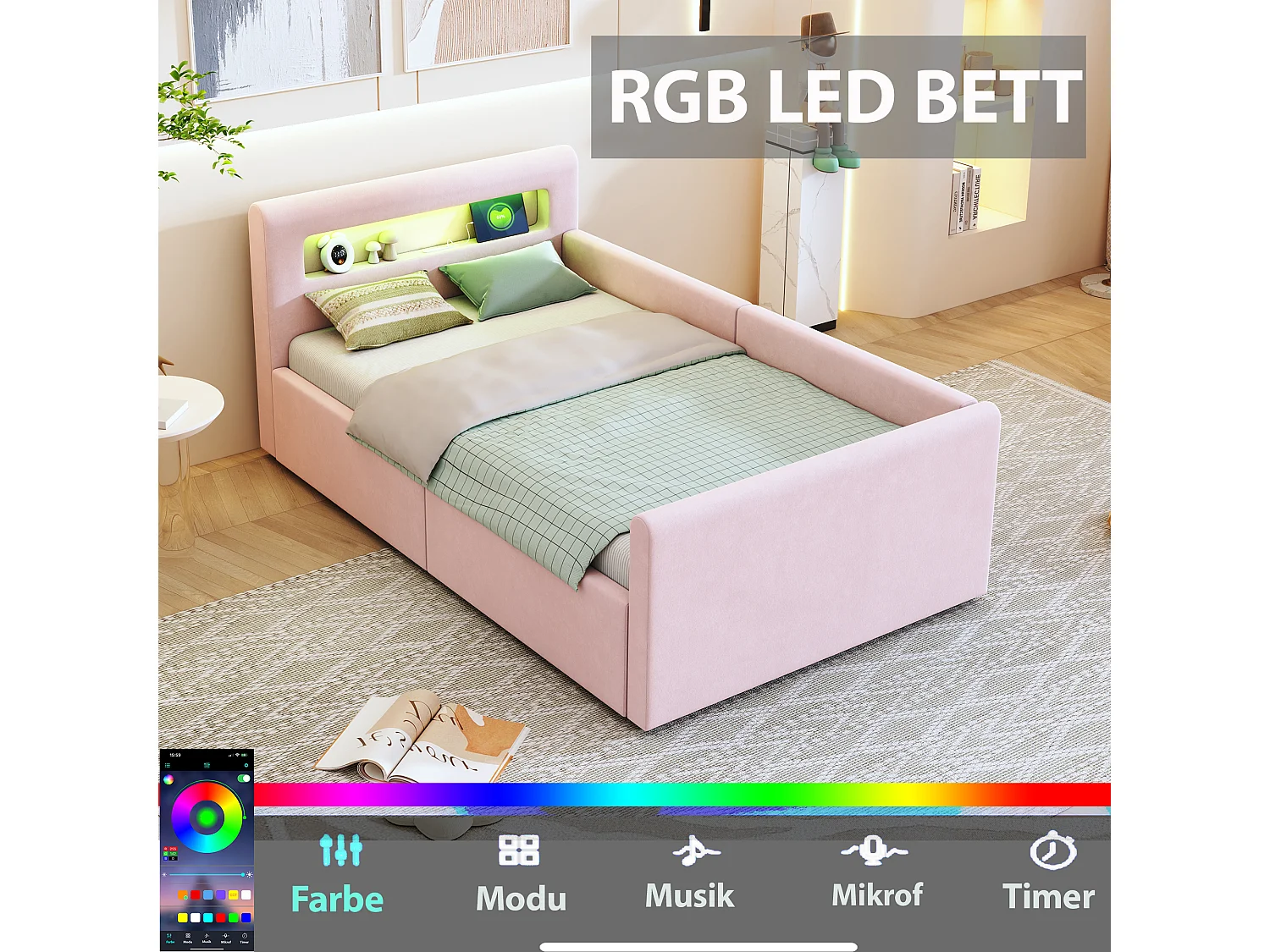 Lit coffre enfant rembourré - 90 x 200 cm - avec Leds + USB - tête de lit avec étagère - velours + MDF - rose