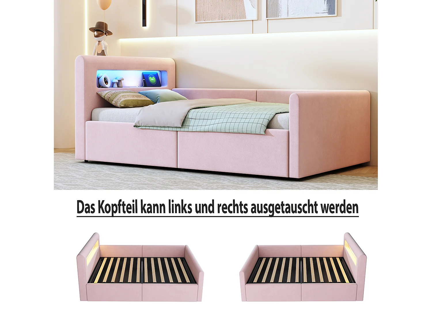Lit coffre enfant rembourré - 90 x 200 cm - avec Leds + USB - tête de lit avec étagère - velours + MDF - rose