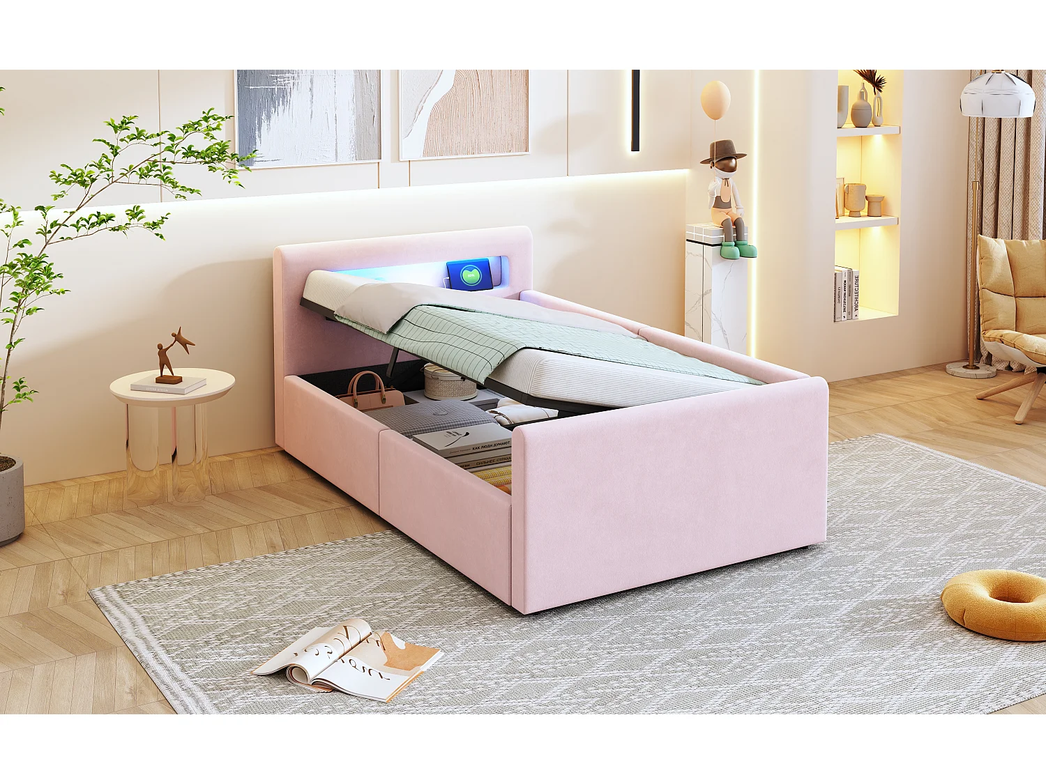 Lit coffre enfant rembourré - 90 x 200 cm - avec Leds + USB - tête de lit avec étagère - velours + MDF - rose