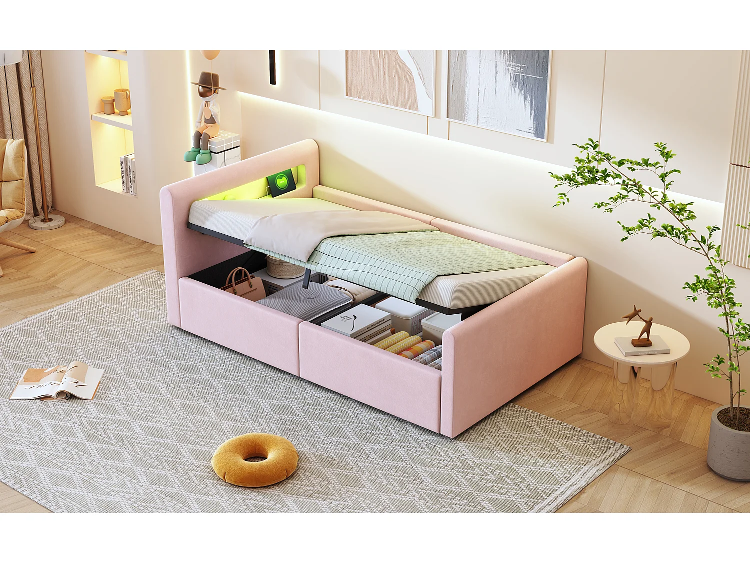 Lit coffre enfant rembourré - 90 x 200 cm - avec Leds + USB - tête de lit avec étagère - velours + MDF - rose