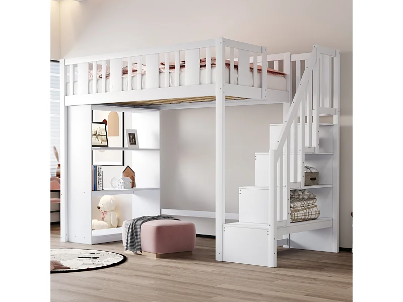 Lit mezzanine enfant - 90 x 200 cm - avec rangements dans l'escalier et étagère de rangement - bois + MDF - blanc