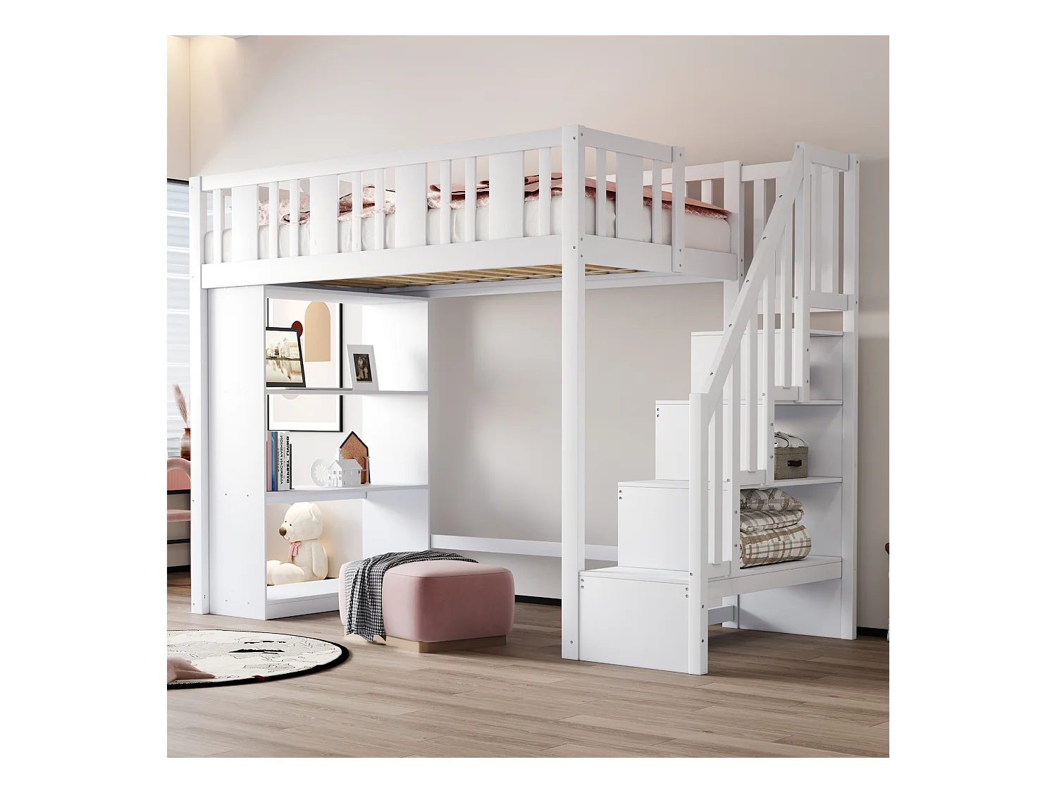 Kinderhoogslaper - 90 x 200 cm - met opbergruimte in de trap en opbergplank - hout + MDF - wit