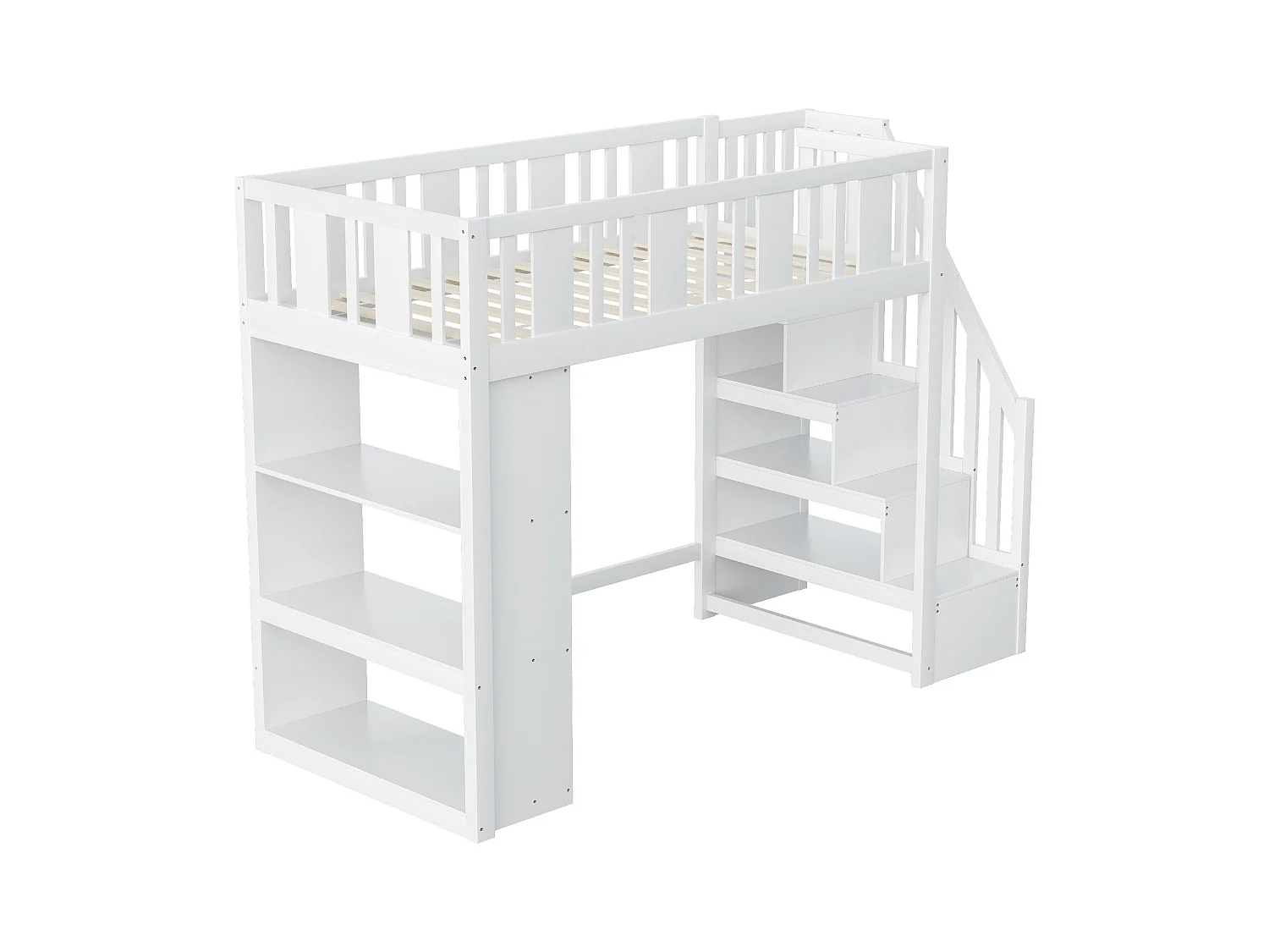 Lit mezzanine enfant - 90 x 200 cm - avec rangements dans l'escalier et étagère de rangement - bois + MDF - blanc