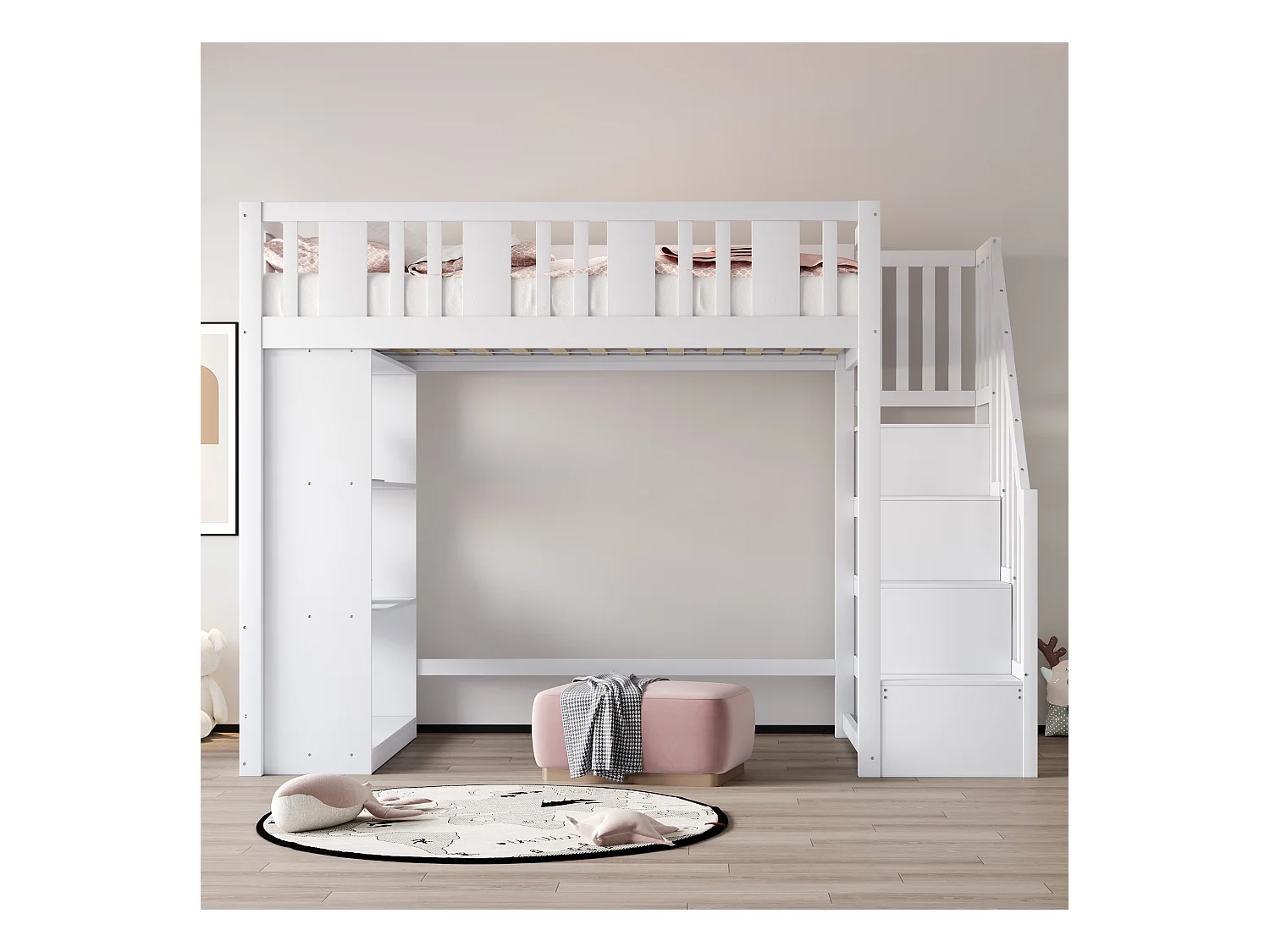Lit mezzanine enfant - 90 x 200 cm - avec rangements dans l'escalier et étagère de rangement - bois + MDF - blanc