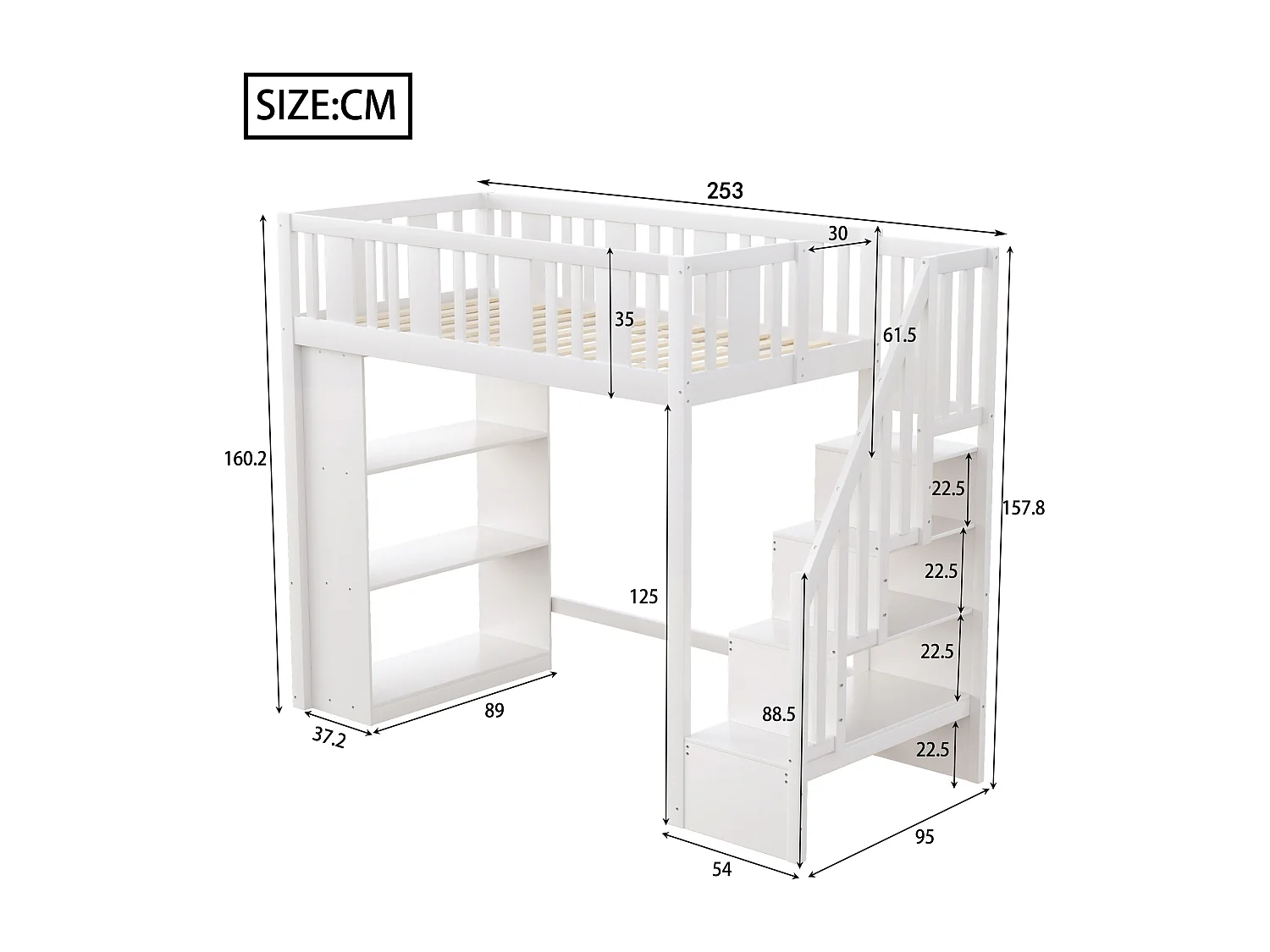 Lit mezzanine enfant - 90 x 200 cm - avec rangements dans l'escalier et étagère de rangement - bois + MDF - blanc