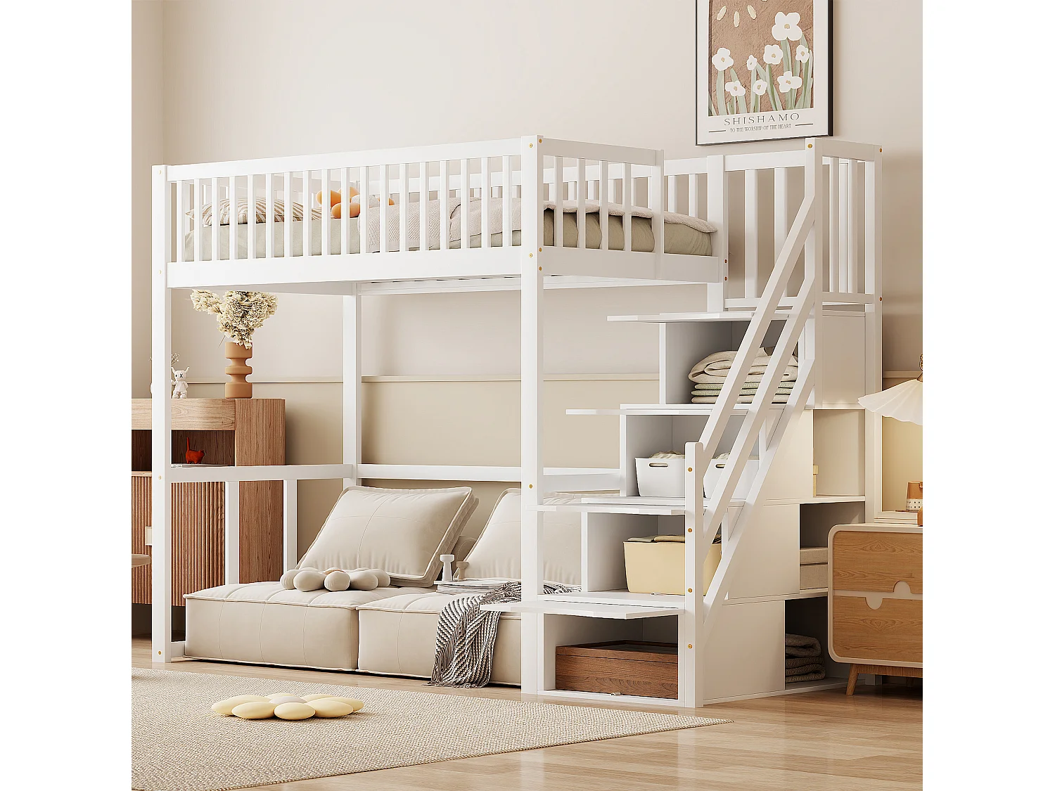 Lit mezzanine pour enfant - 90 x 200 cm - avec rangements dans l'escalier - bois + MDF - blanc