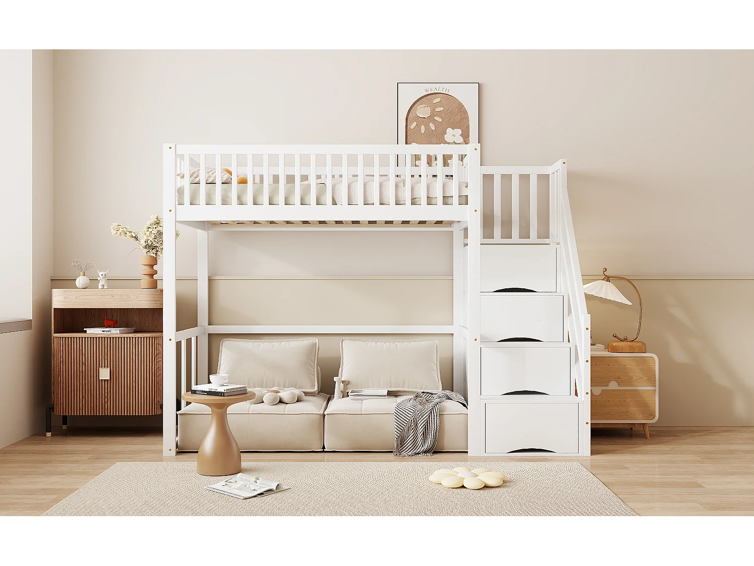 Lit mezzanine pour enfant - 90 x 200 cm - avec rangements dans l'escalier - bois + MDF - blanc
