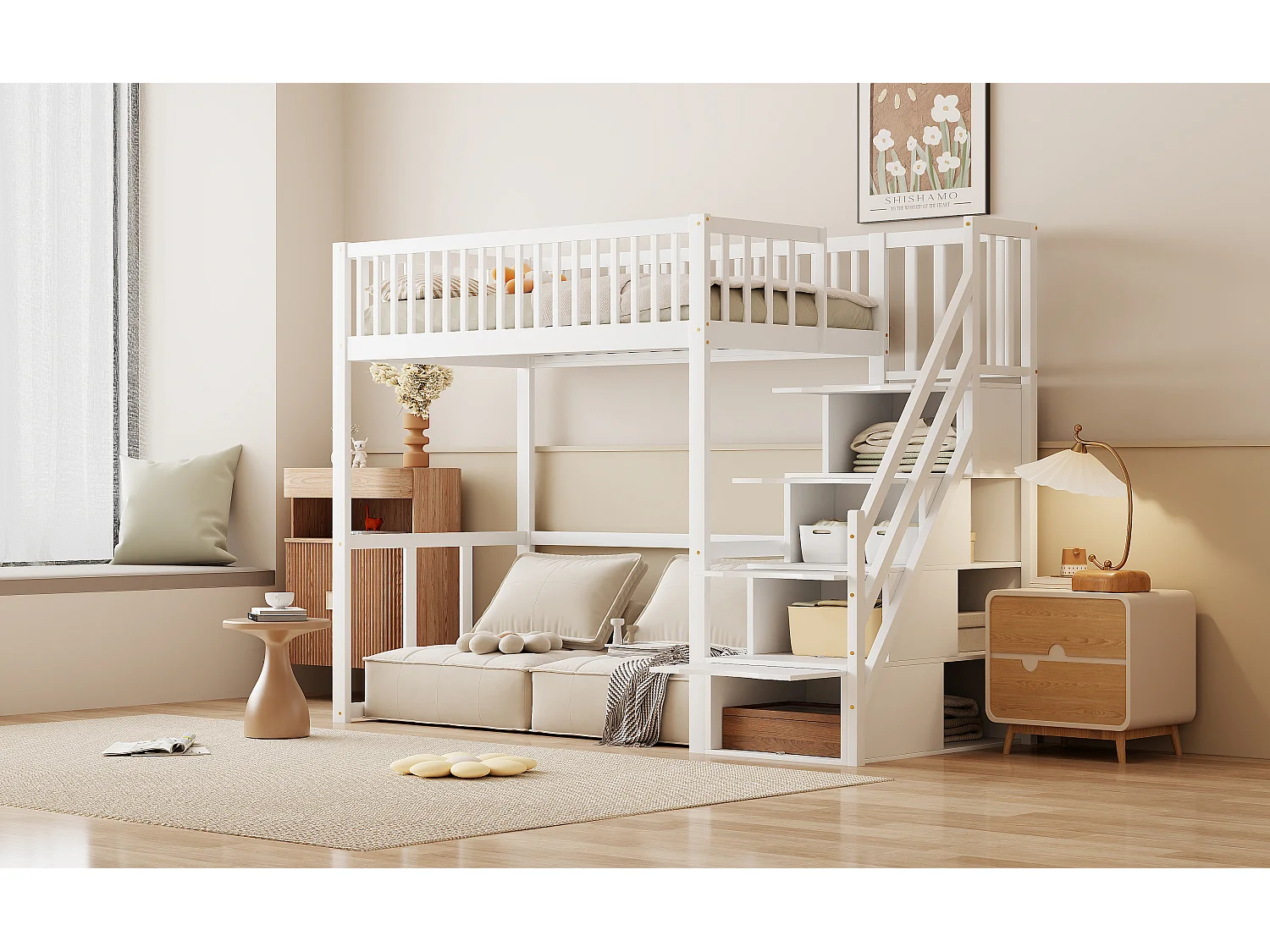 Lit mezzanine pour enfant - 90 x 200 cm - avec rangements dans l'escalier - bois + MDF - blanc