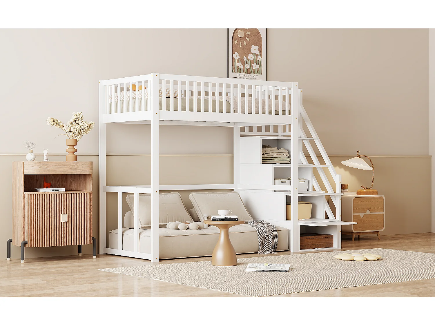 Lit mezzanine pour enfant - 90 x 200 cm - avec rangements dans l'escalier - bois + MDF - blanc