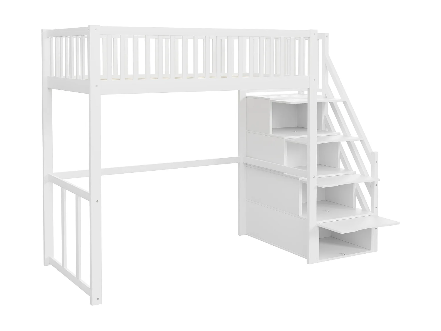 Lit mezzanine pour enfant - 90 x 200 cm - avec rangements dans l'escalier - bois + MDF - blanc