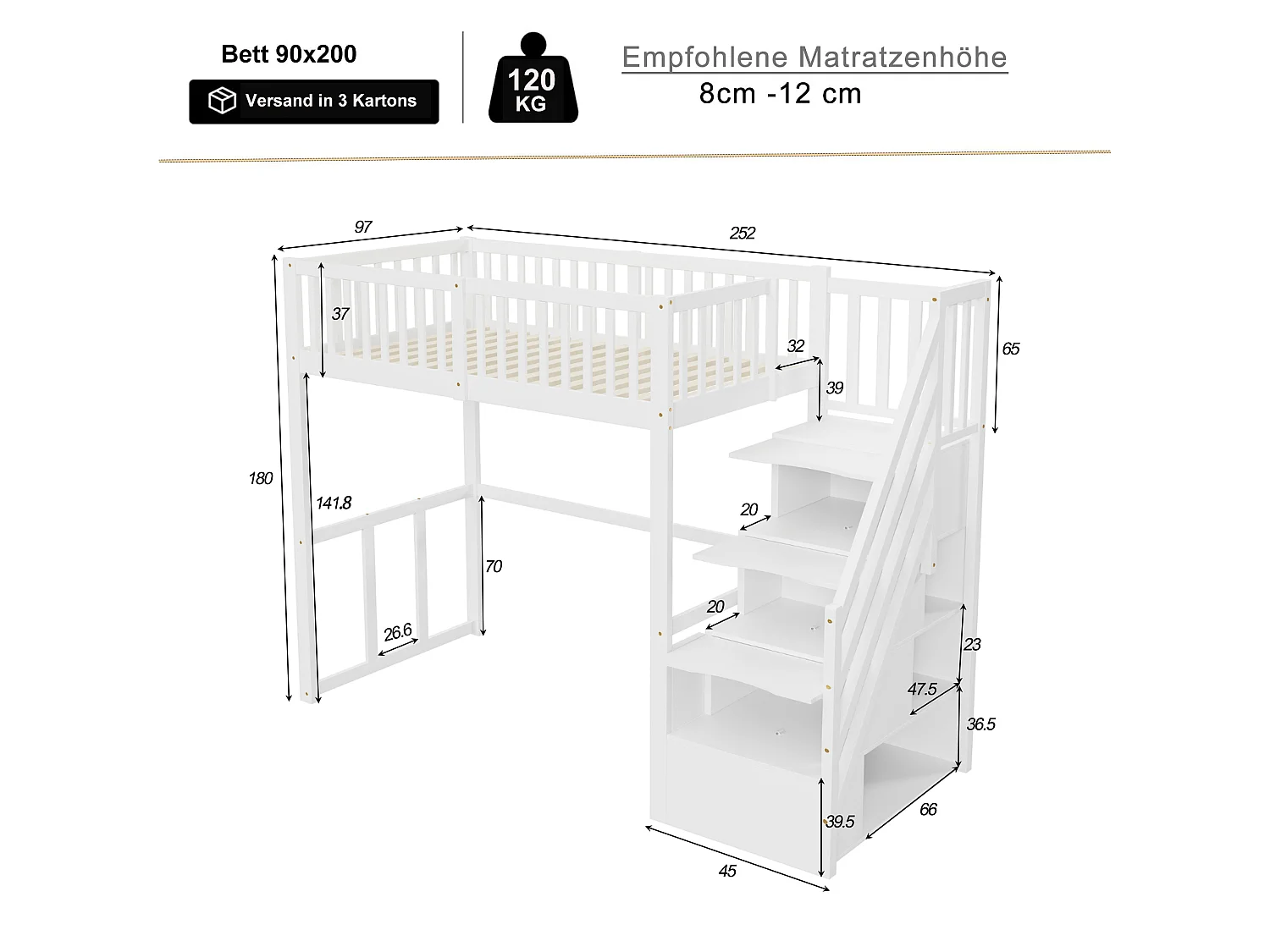 Barnloftsäng - 90 x 200 cm - med förvaring i trapphuset - trä + MDF - vit