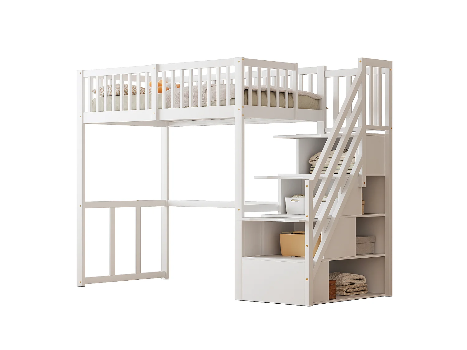 Barnloftsäng - 90 x 200 cm - med förvaring i trapphuset - trä + MDF - vit