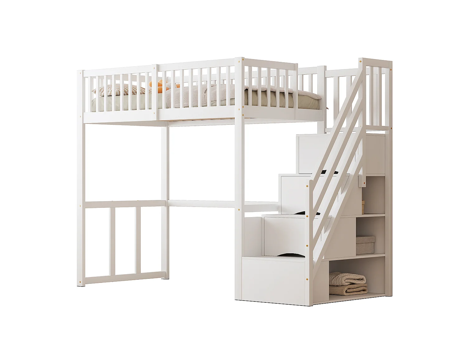 Barnloftsäng - 90 x 200 cm - med förvaring i trapphuset - trä + MDF - vit