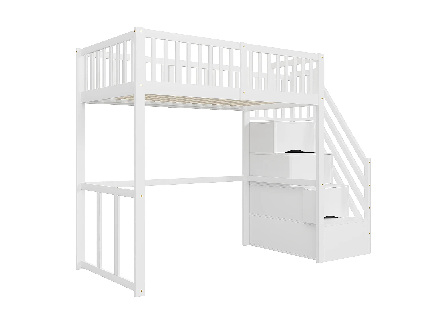 Barnloftsäng - 90 x 200 cm - med förvaring i trapphuset - trä + MDF - vit