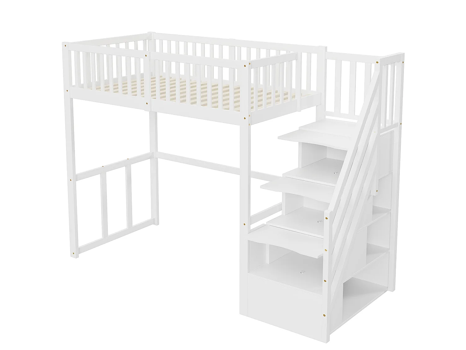 Barnloftsäng - 90 x 200 cm - med förvaring i trapphuset - trä + MDF - vit