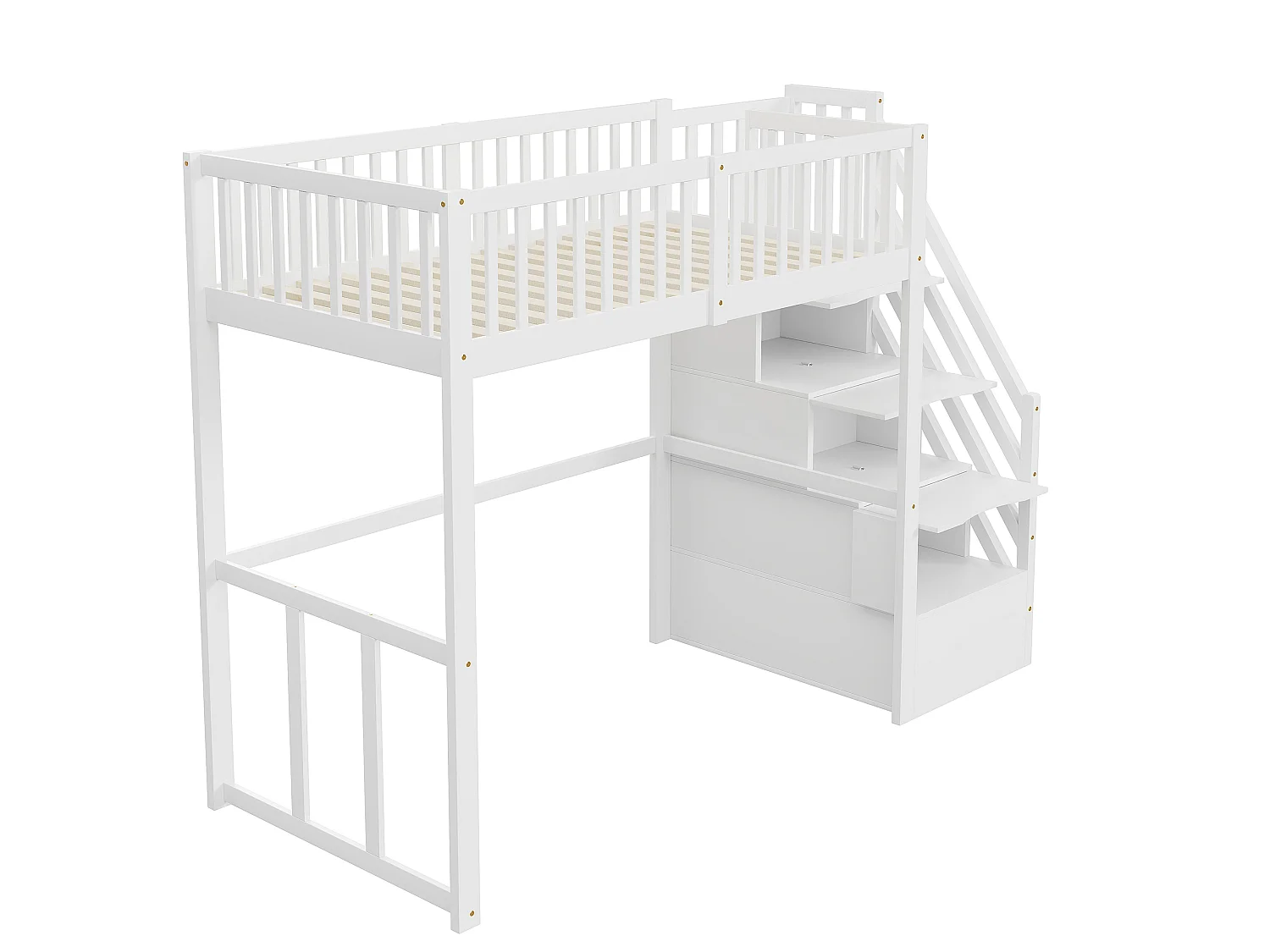 Barnloftsäng - 90 x 200 cm - med förvaring i trapphuset - trä + MDF - vit