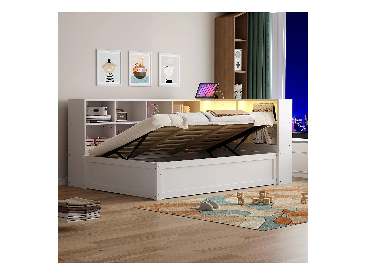 Lit coffre pour enfant - 90 x 200 cm - avec Leds + plusieurs rangements - lit hydraulique - bois + MDF - blanc