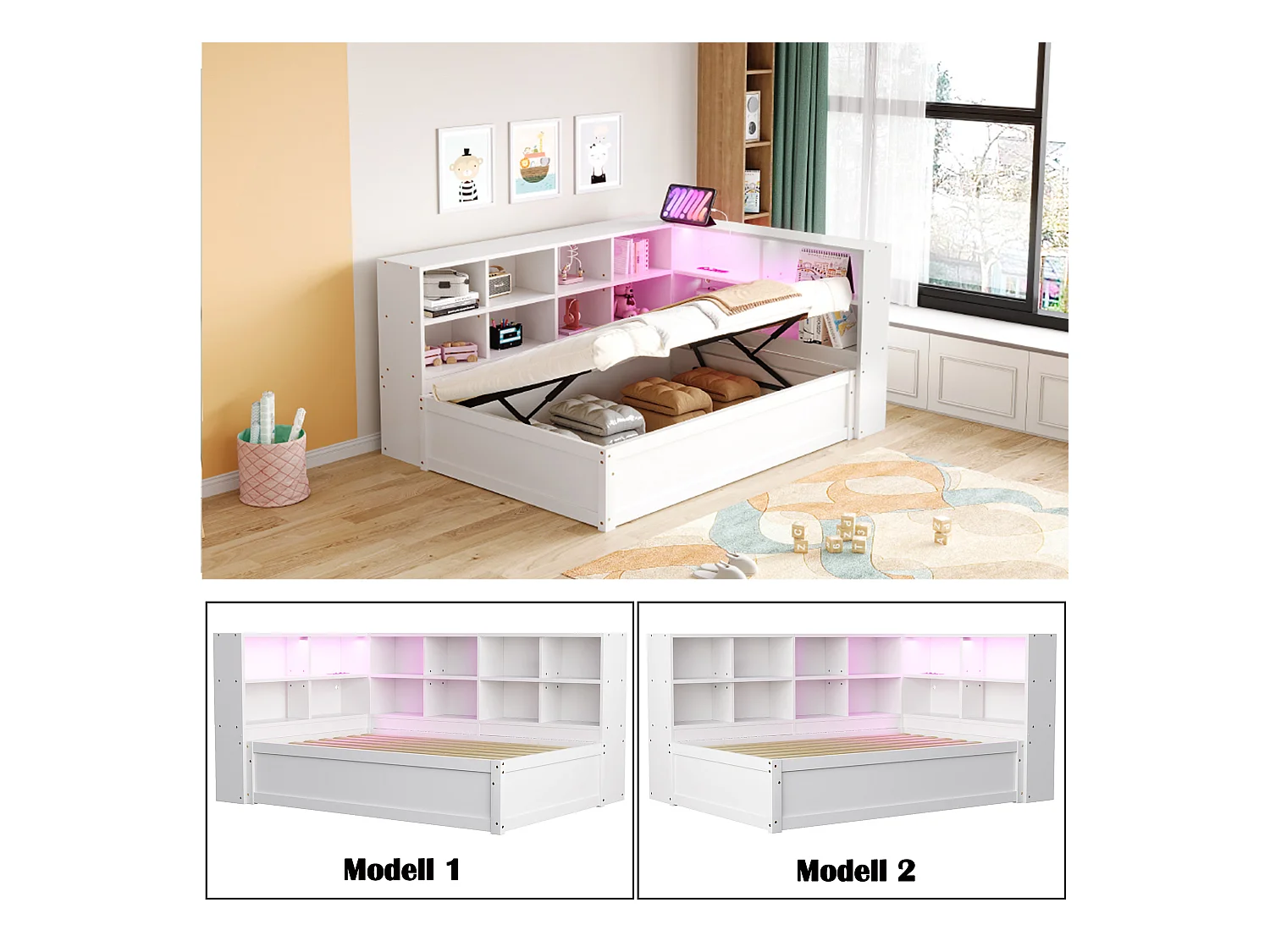 Lit coffre pour enfant - 90 x 200 cm - avec Leds + plusieurs rangements - lit hydraulique - bois + MDF - blanc