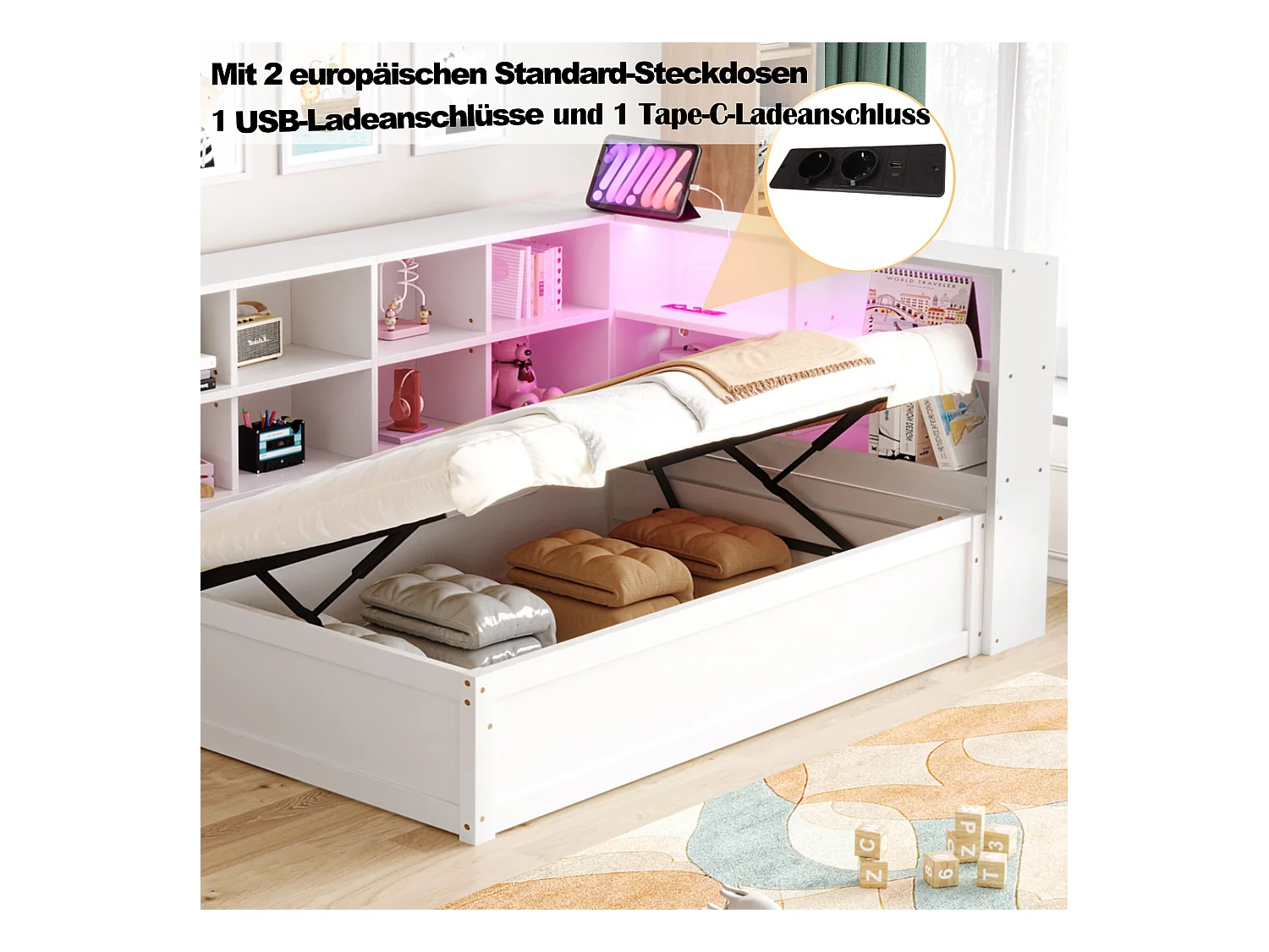 Lit coffre pour enfant - 90 x 200 cm - avec Leds + plusieurs rangements - lit hydraulique - bois + MDF - blanc