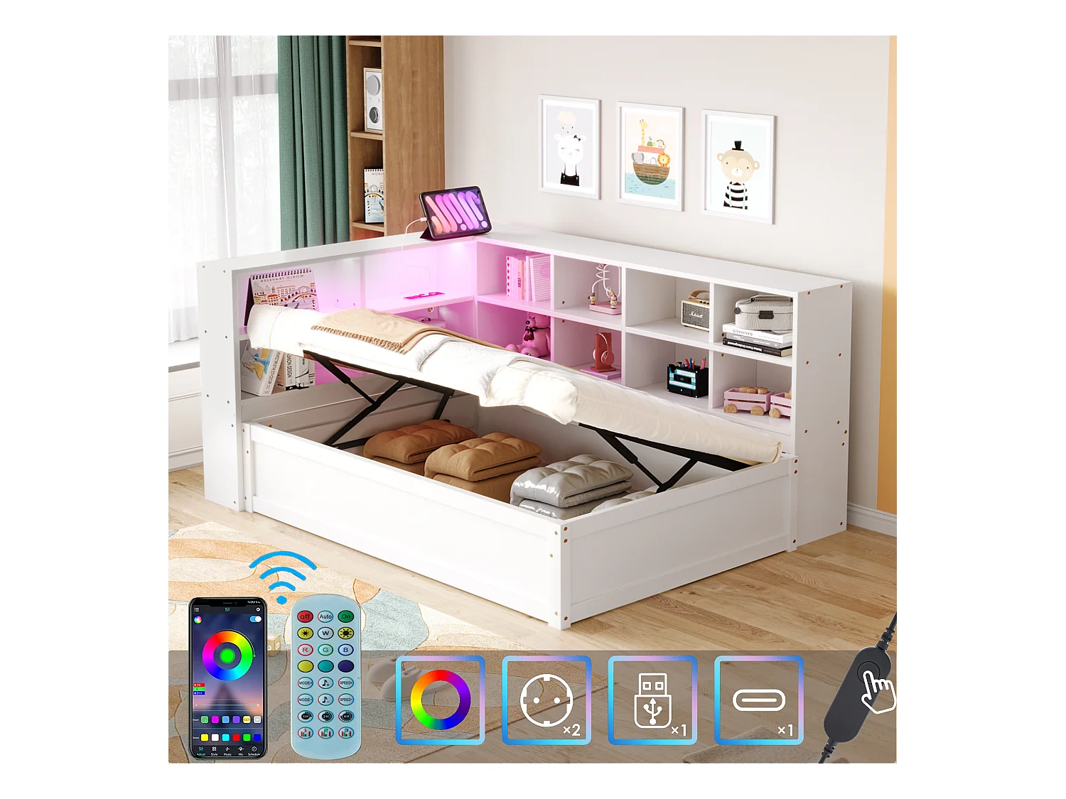 Lit coffre pour enfant - 90 x 200 cm - avec Leds + plusieurs rangements - lit hydraulique - bois + MDF - blanc