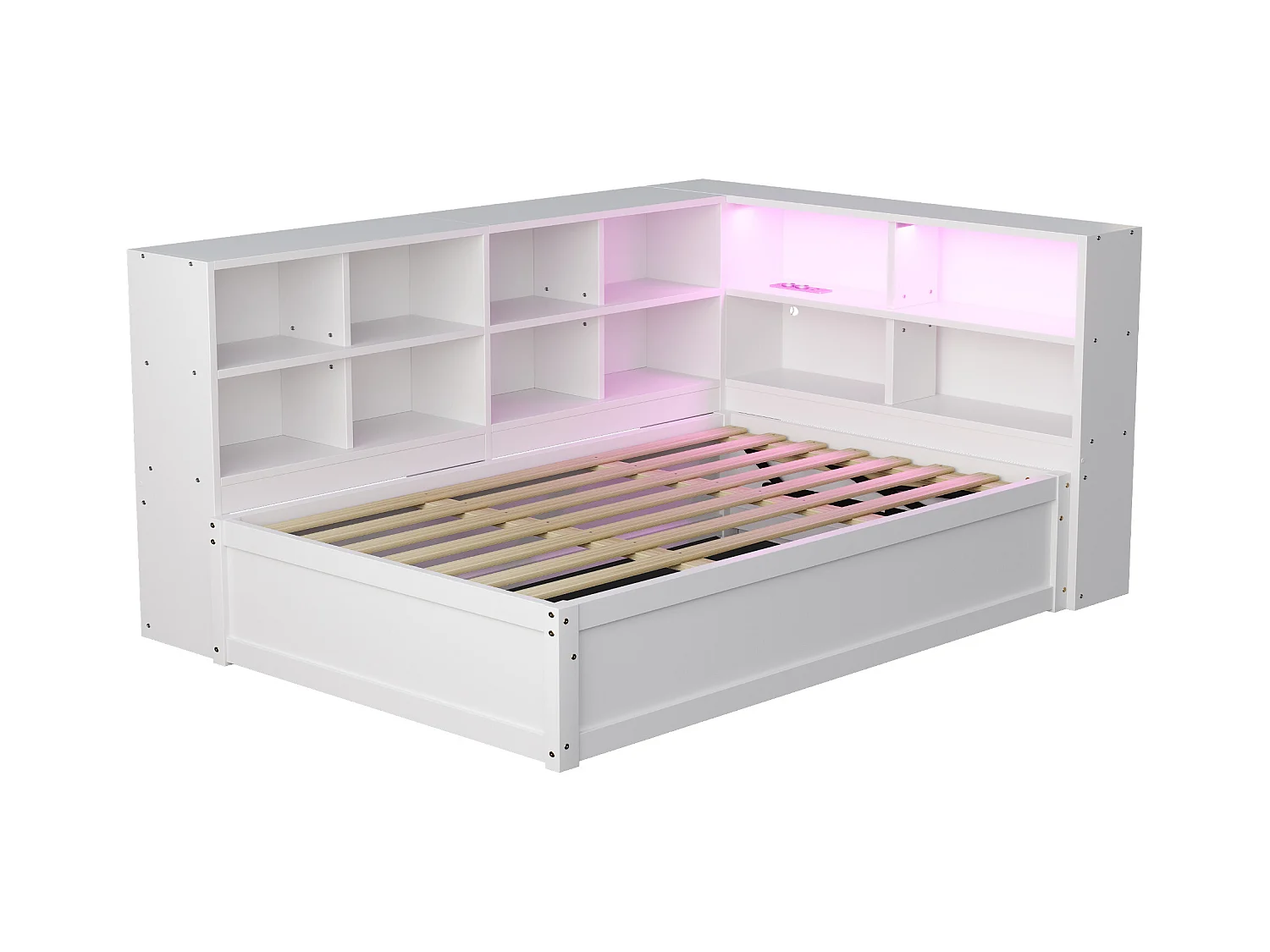 Lit coffre pour enfant - 90 x 200 cm - avec Leds + plusieurs rangements - lit hydraulique - bois + MDF - blanc