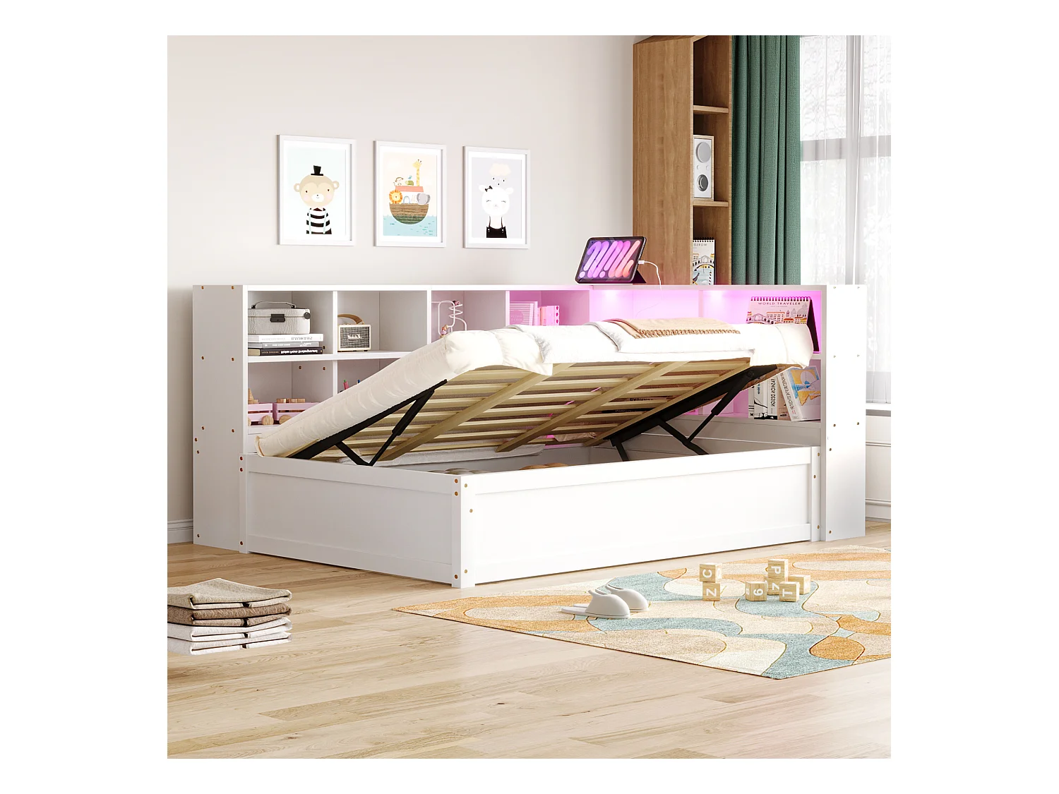 Kinderbed met opbergruimte - 90 x 200 cm - met LED's + diverse opbergruimtes - hydraulisch bed - hout + MDF - wit