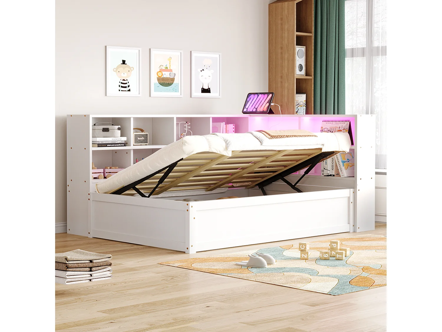 Kinderbed met opbergruimte - 90 x 200 cm - met LED's + diverse opbergruimtes - hydraulisch bed - hout + MDF - wit