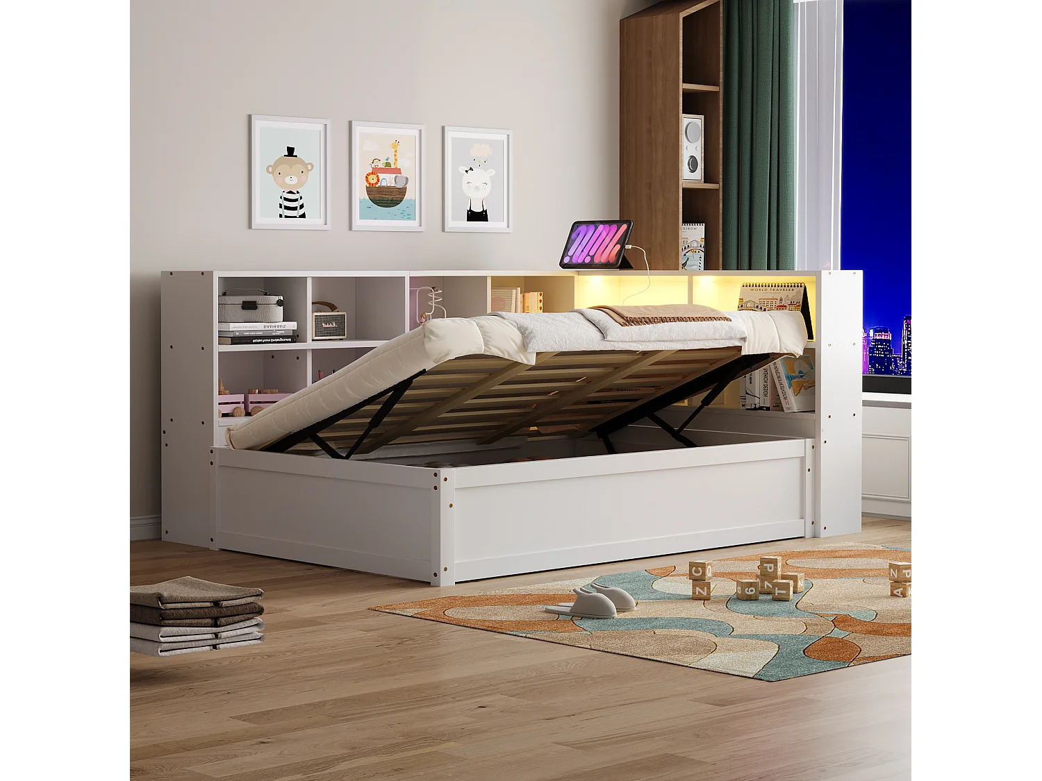 Kinderbed met opbergruimte - 90 x 200 cm - met LED's + diverse opbergruimtes - hydraulisch bed - hout + MDF - wit