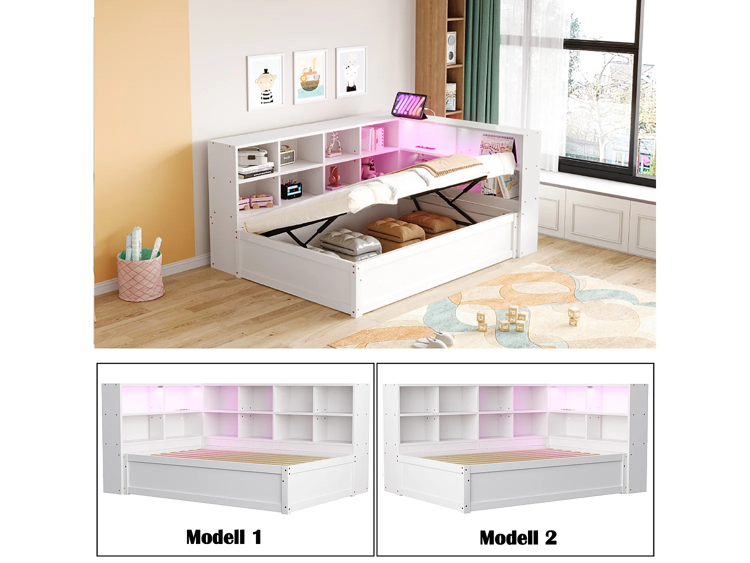 Kinderbed met opbergruimte - 90 x 200 cm - met LED's + diverse opbergruimtes - hydraulisch bed - hout + MDF - wit