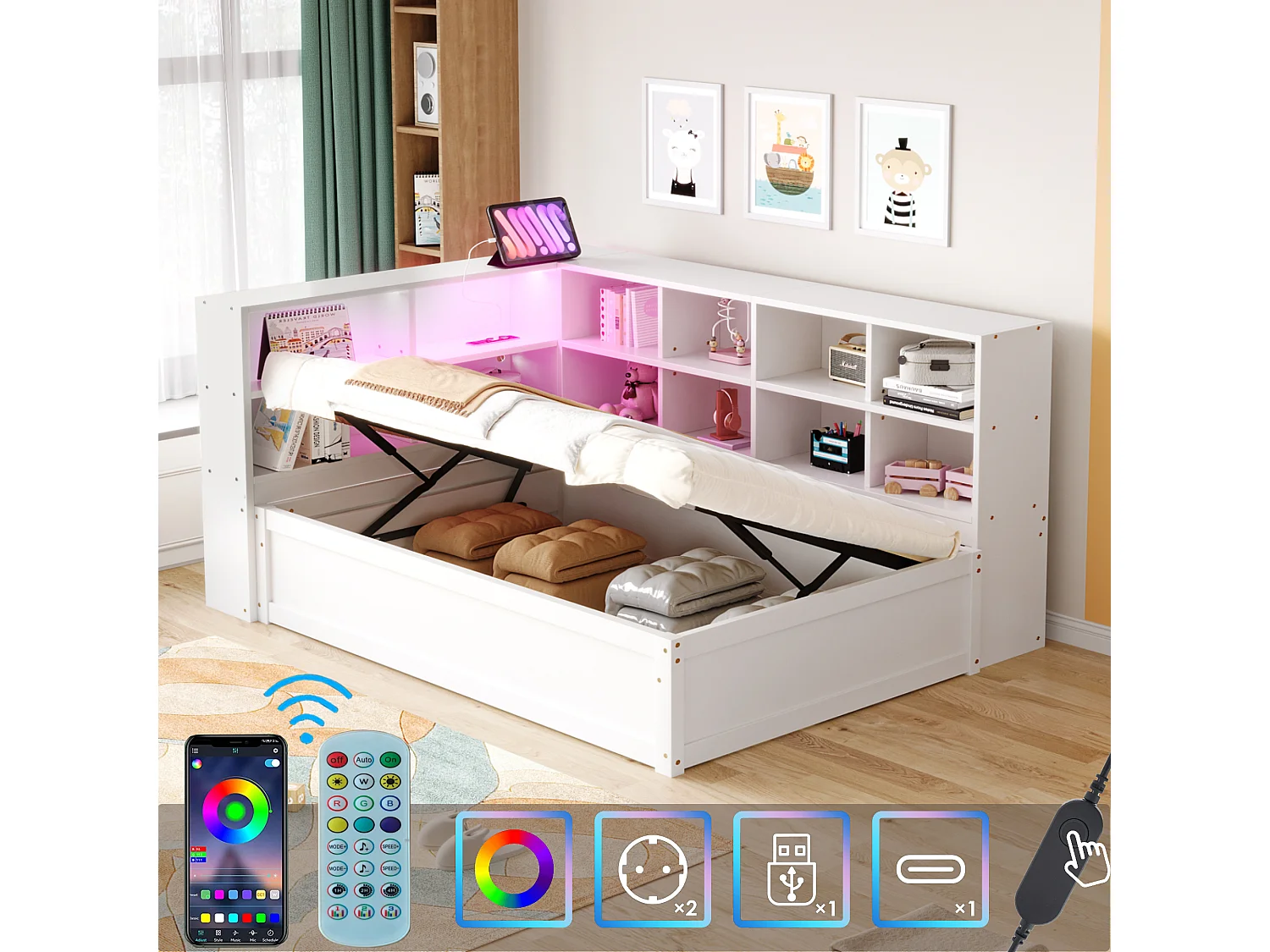 Kinderbed met opbergruimte - 90 x 200 cm - met LED's + diverse opbergruimtes - hydraulisch bed - hout + MDF - wit