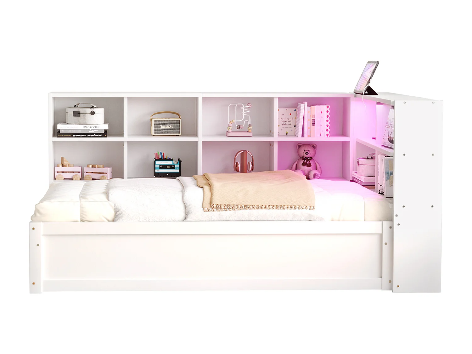 Kinderbed met opbergruimte - 90 x 200 cm - met LED's + diverse opbergruimtes - hydraulisch bed - hout + MDF - wit