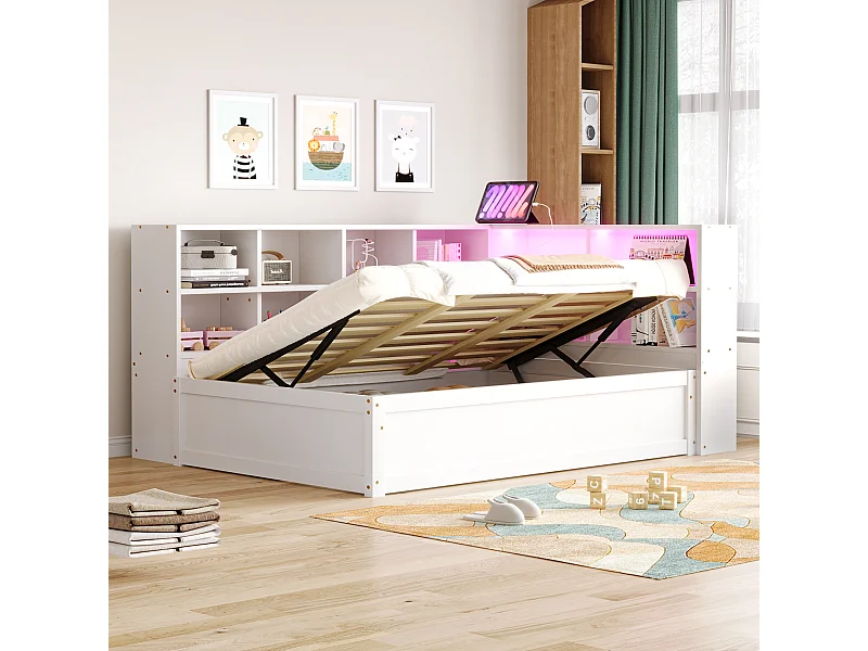 Lit coffre pour enfant - 90 x 200 cm - avec Leds + plusieurs rangements - lit hydraulique - bois + MDF - blanc