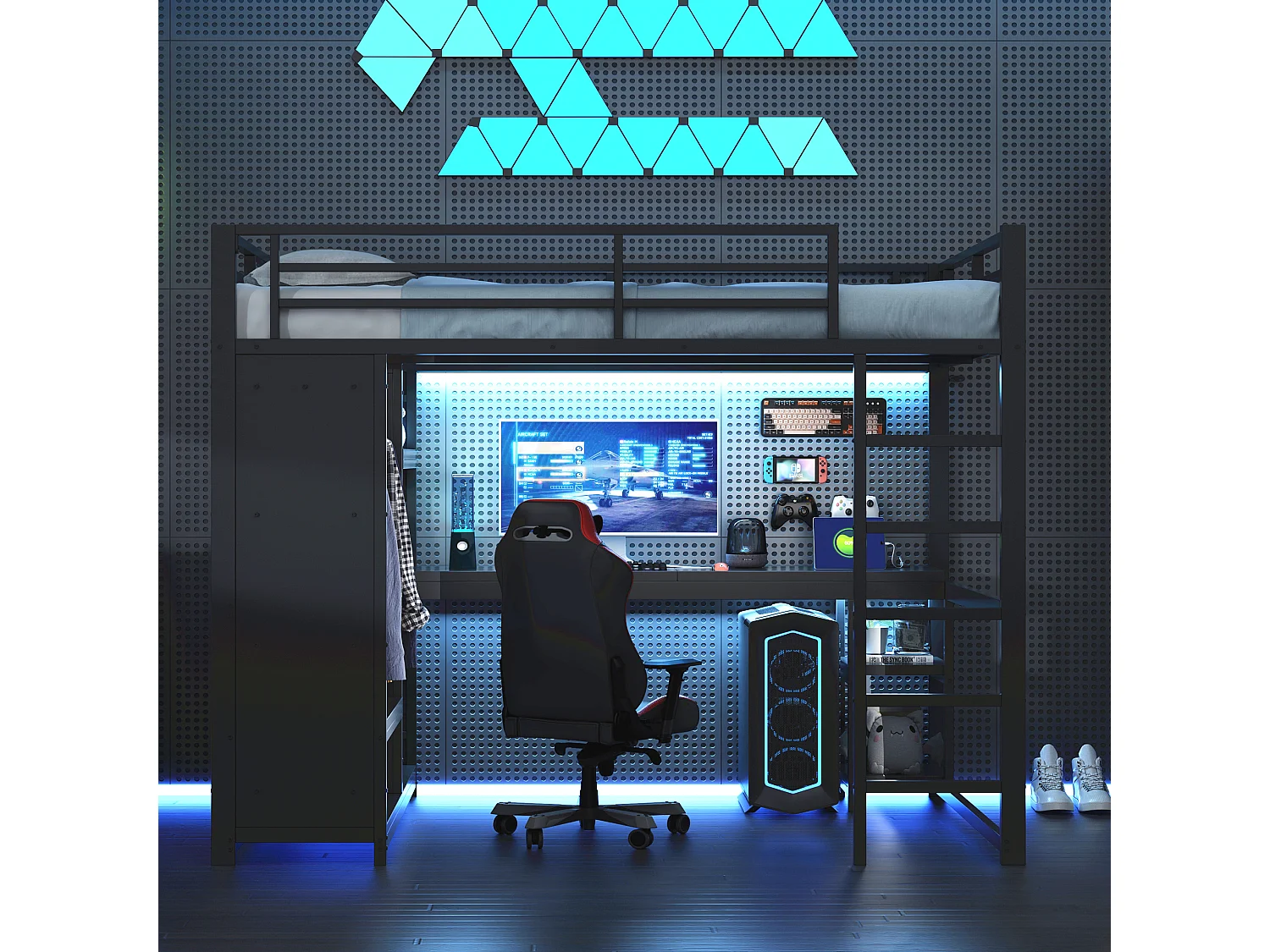 Lit mezzanine pour enfant - 140 x 200 cm - avec Leds + bureau + armoire + rangements - métal - noir