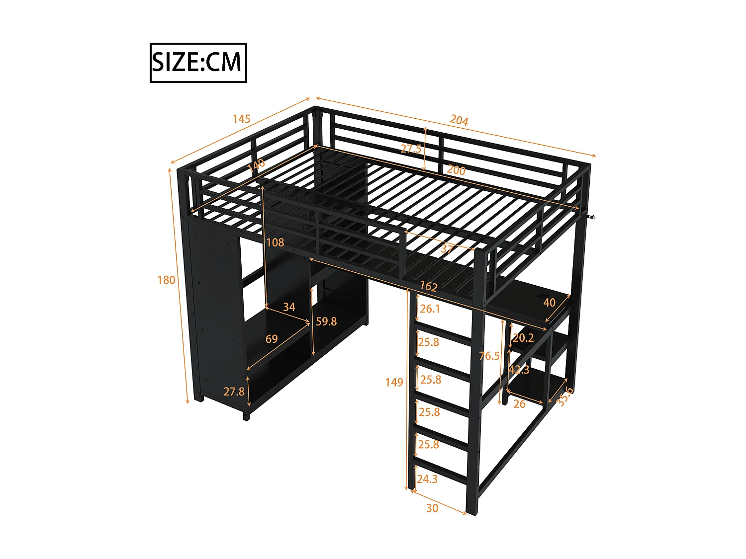 Lit mezzanine pour enfant - 140 x 200 cm - avec Leds + bureau + armoire + rangements - métal - noir