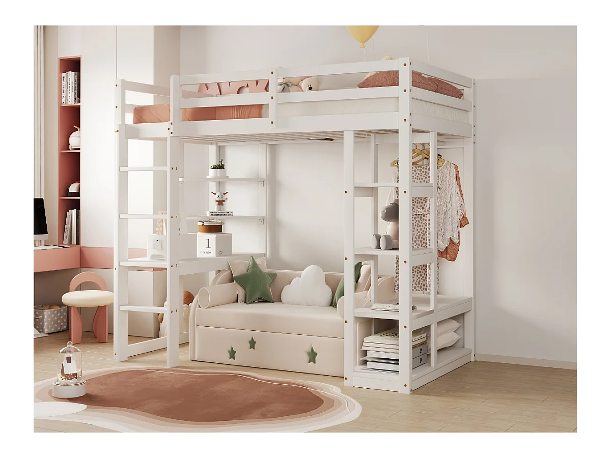 Lit mezzanine enfant - 90 x 200 cm - avec échelle + table + étagères + cintres - bois + MDF - blanc